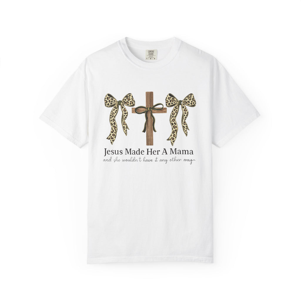 Jesus Made Her a Mama Cross T‑Shirt — Leopard Bow Christian Mother's Day Tee