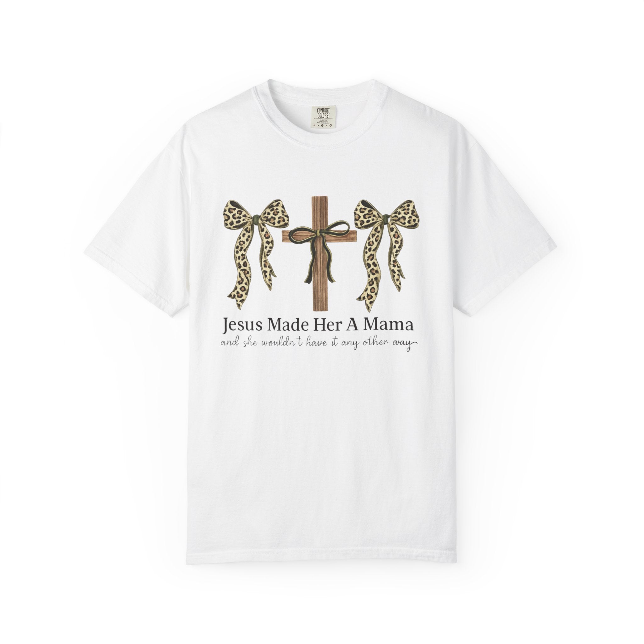 Jesus Made Her a Mama Cross T‑Shirt — Leopard Bow Christian Mother's Day Tee