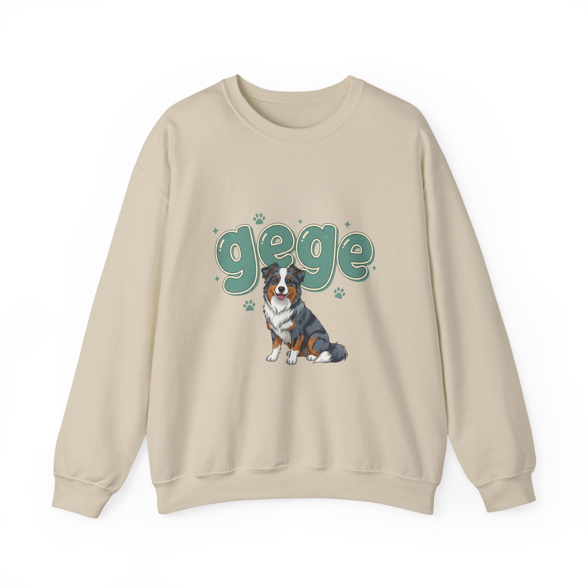 Crewneck Sweatshirt — Cute "gege" Design with Australian Shepherd Illustration