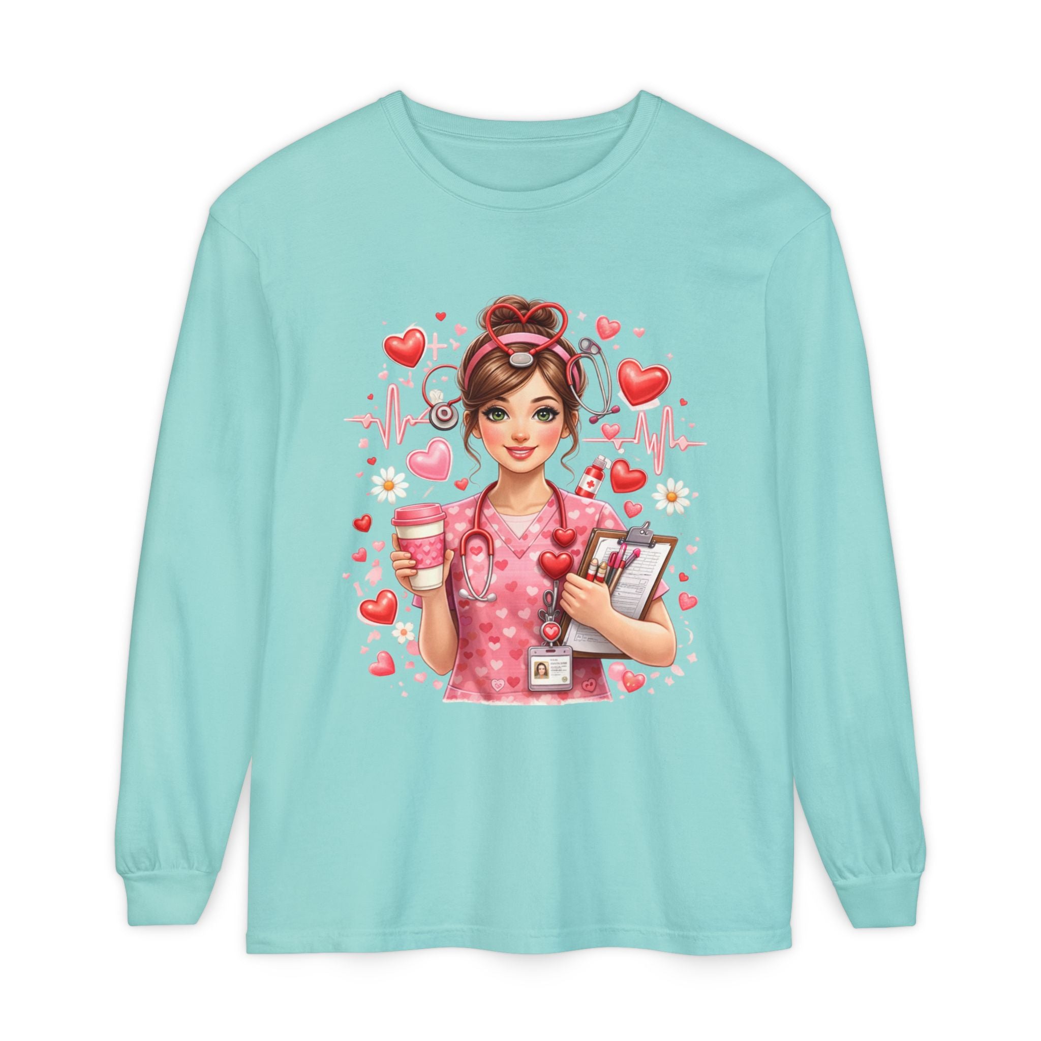Nurse Love Long Sleeve T-Shirt — Cute Heartbeat Healthcare Graphic