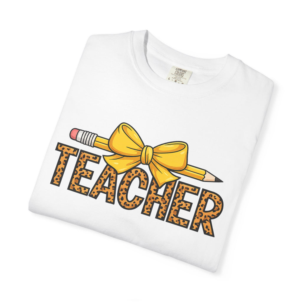 Teacher Leopard Print Pencil Bow T-Shirt — Cute Back-to-School Gift for Educators