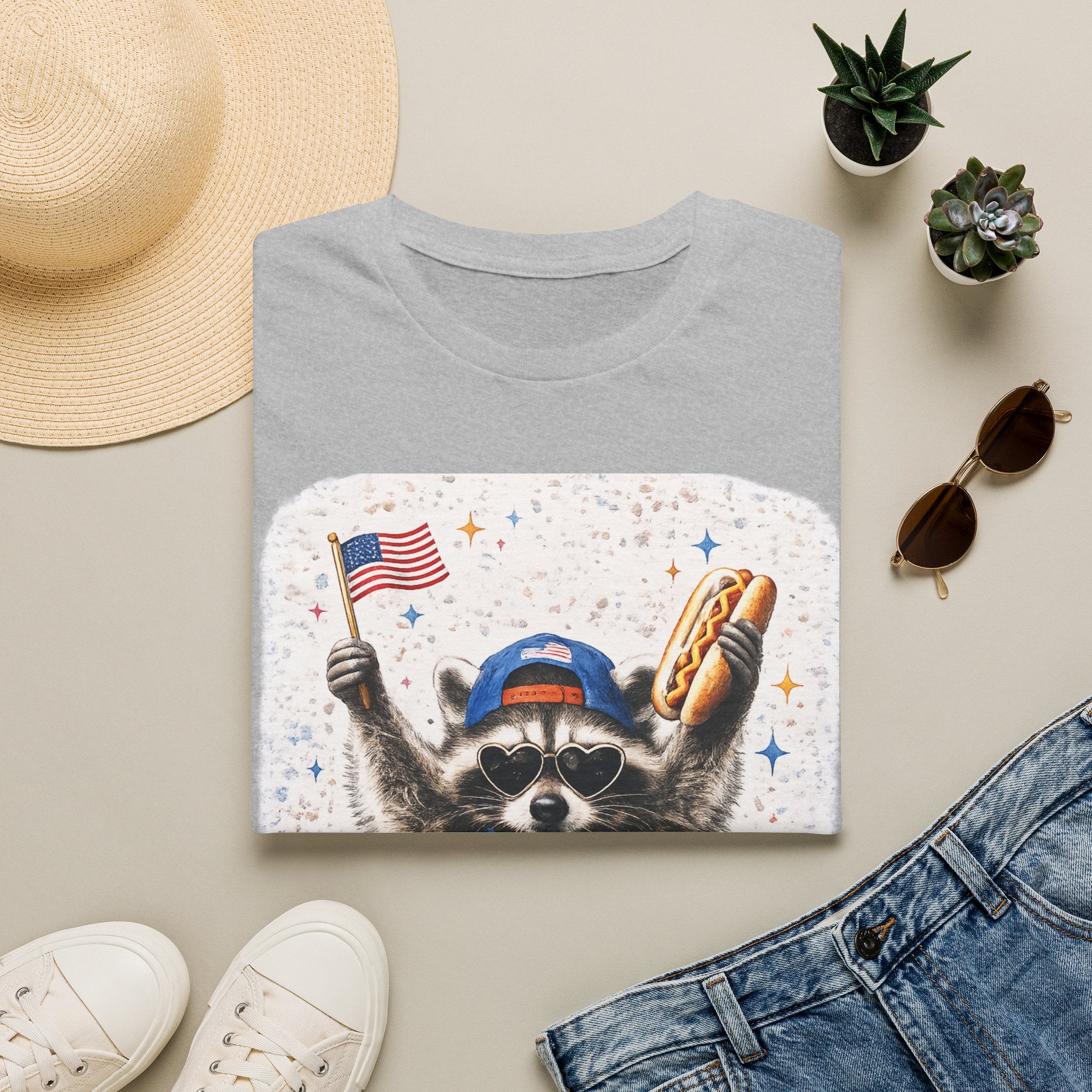 Patriotic Raccoon T-Shirt — 'America' Flag & Hot Dog Graphic