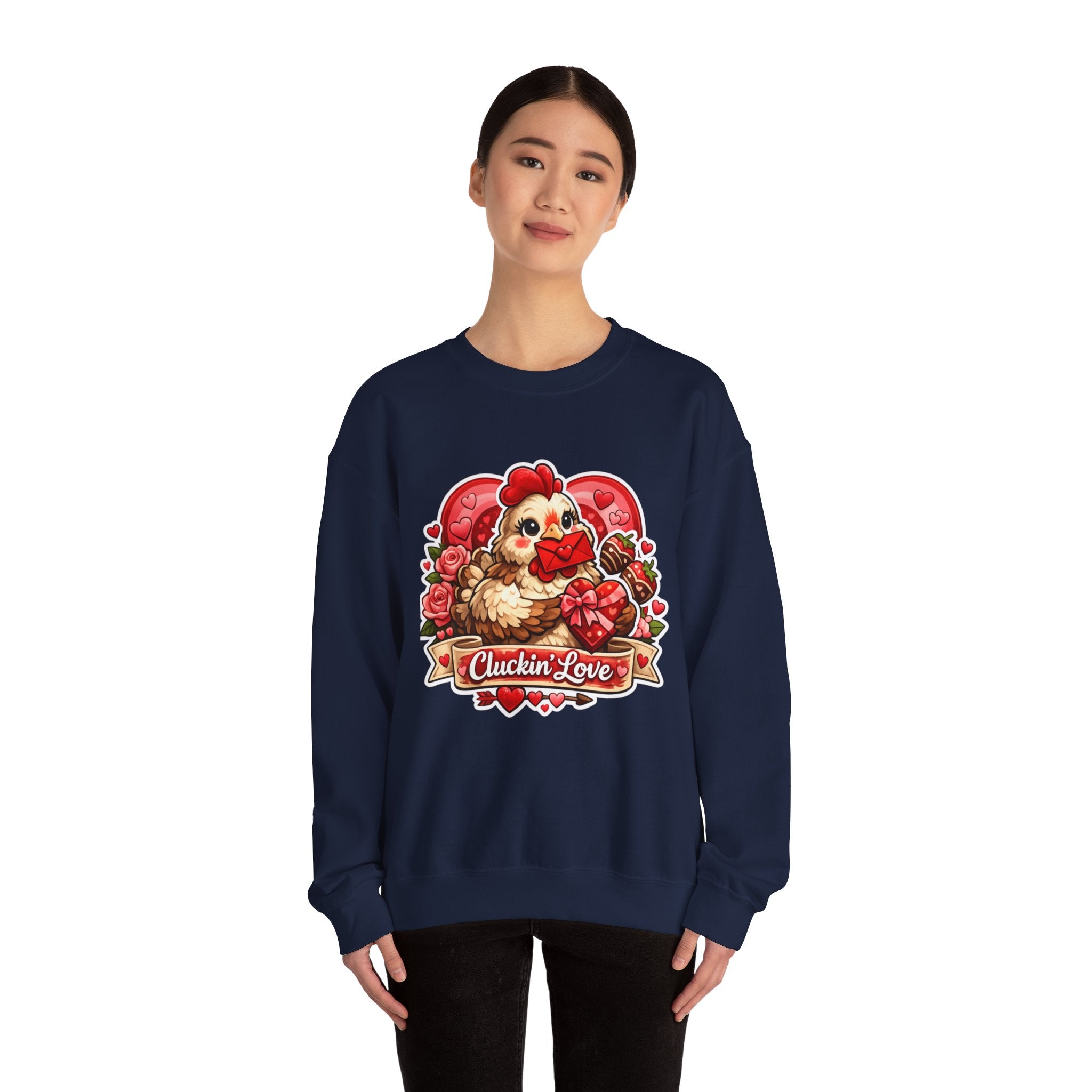 Crewneck Sweatshirt — "Cluckin' Love" Cute Chicken Valentine Design