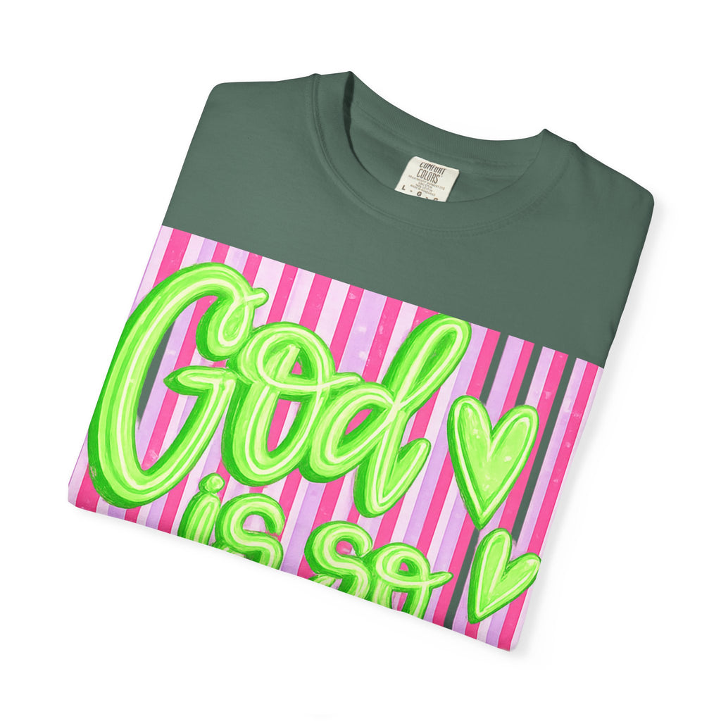 God Is So Good T-Shirt — Neon Green Script on Pink Stripe Christian Tee