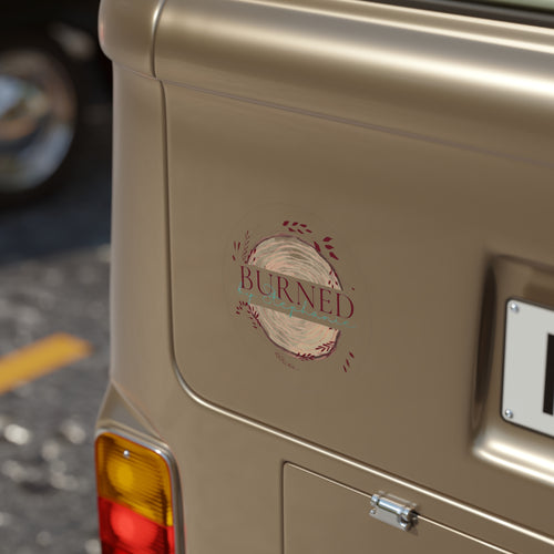 Burned by Stephanie Round Outdoor Sticker — Transparent Wood Slice Logo Decal