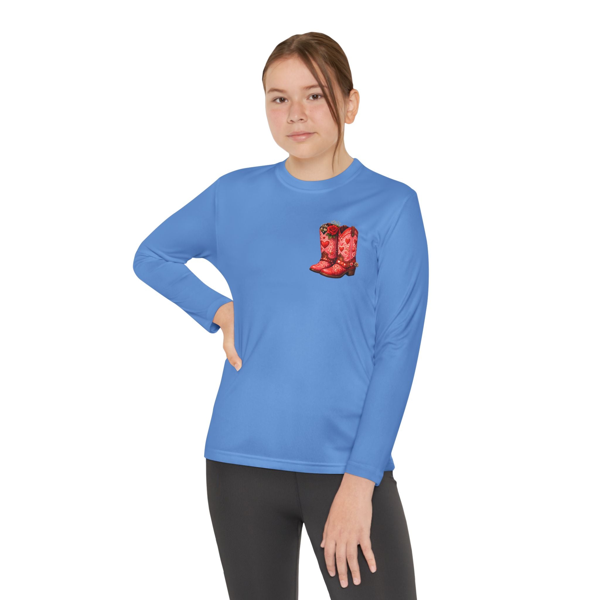 Youth Long Sleeve Tee — “All a Girl Needs is a Right Pair of Boots” Cowboy Boots Graphic