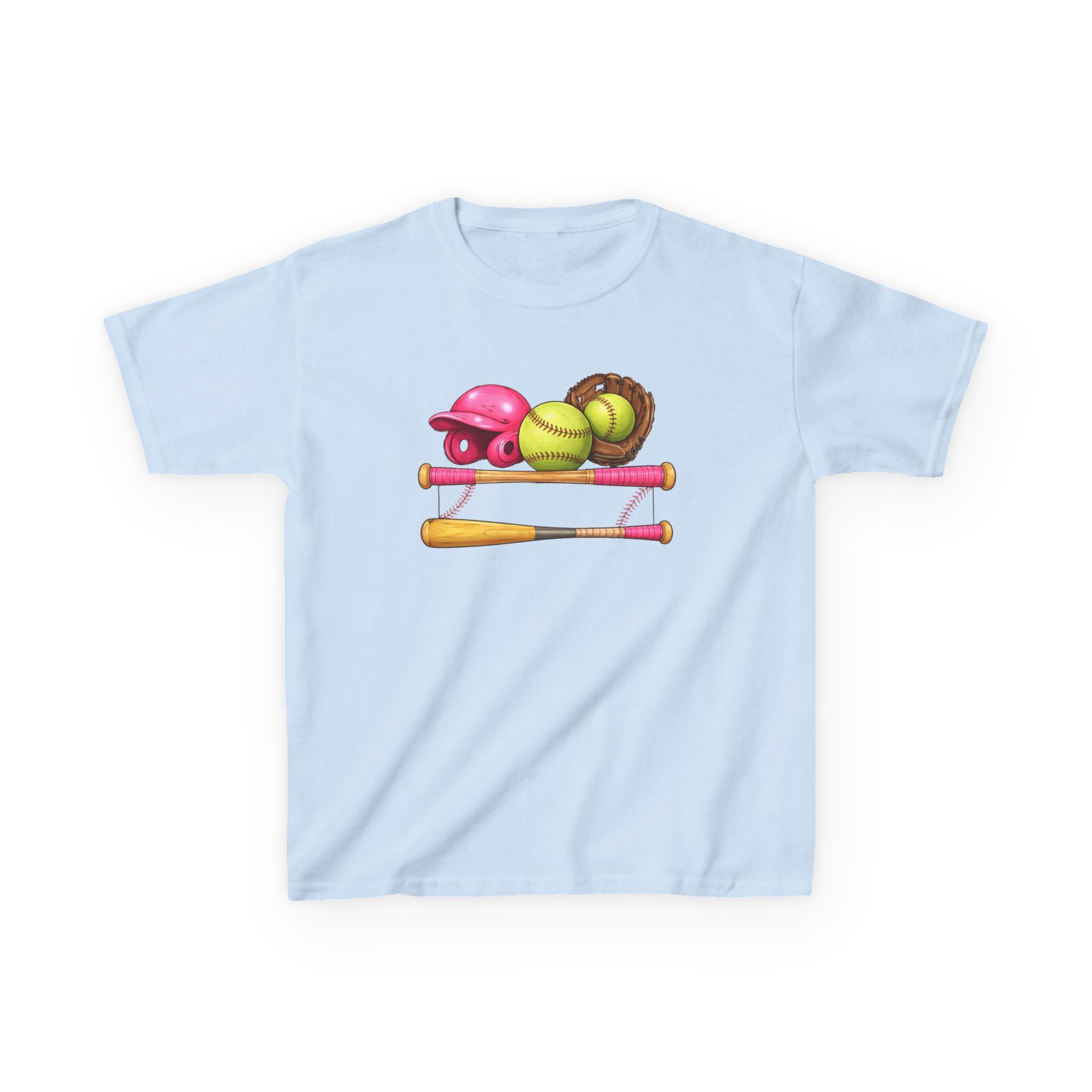Kids Softball Gear T-Shirt — Pink Helmet, Bat & Glove Baseball Design