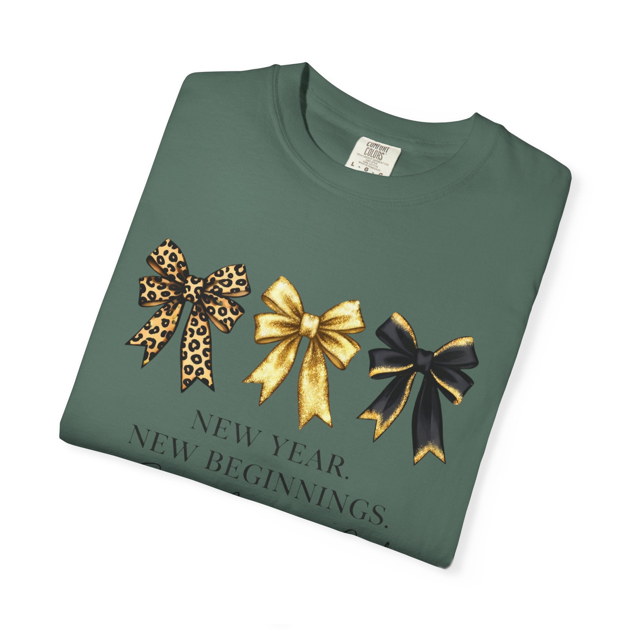 T-Shirt — "New Year, New Beginnings" Gold & Black Bow Graphic Tee