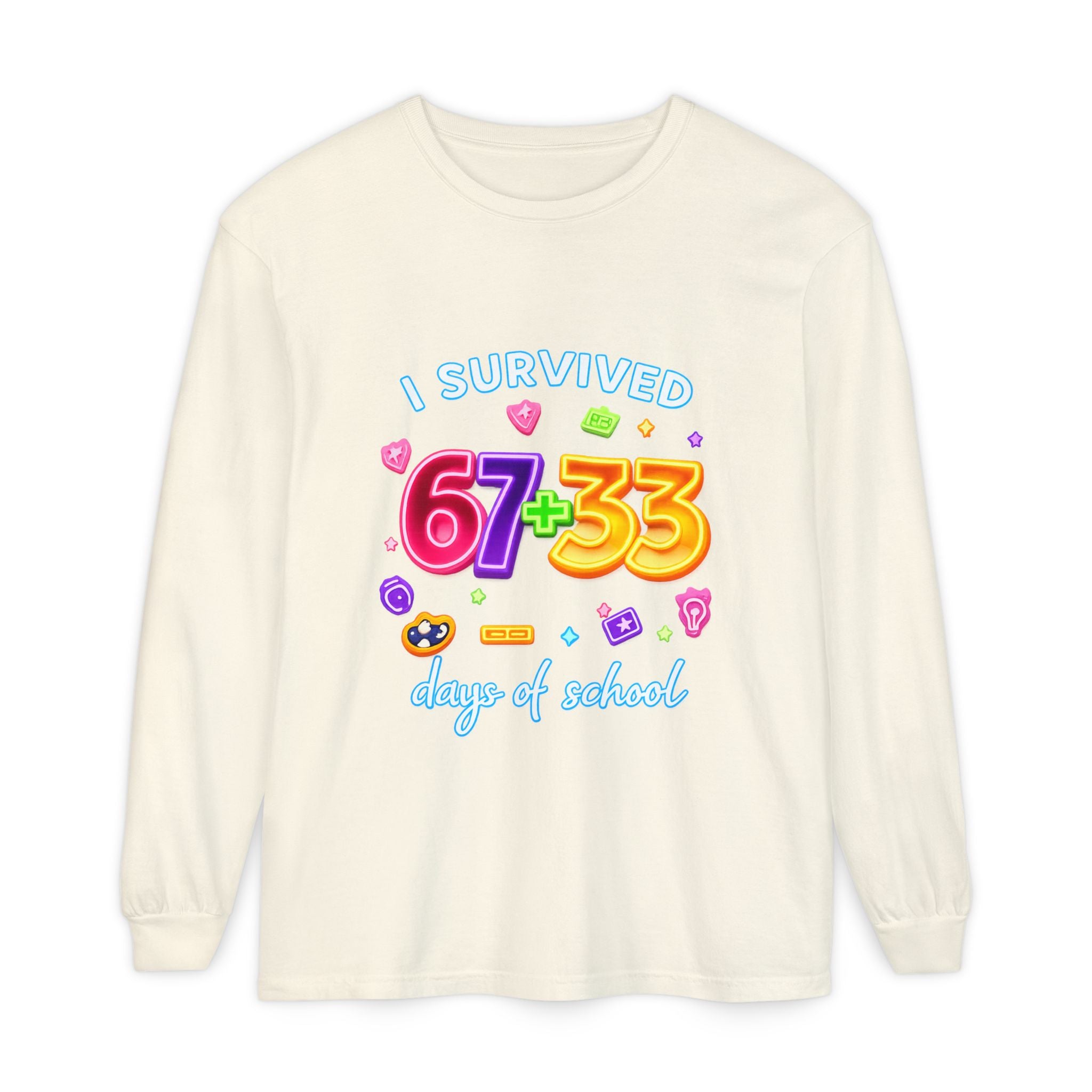 Long Sleeve T‑Shirt "I Survived 67+33 Days of School" — Cute Colorful End‑of‑School Celebration Tee