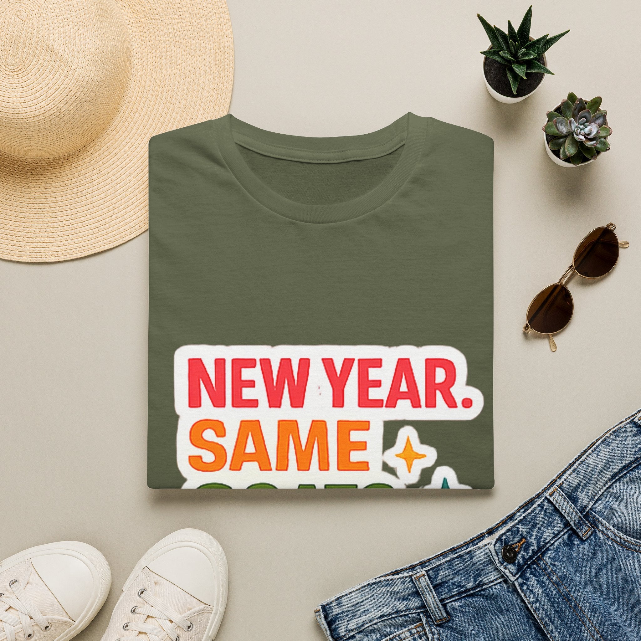 T‑Shirt — "New Year. Same Goats. No Cap." Colorful Graphic Tee for Goat Lovers & Funny New Year Celebrations