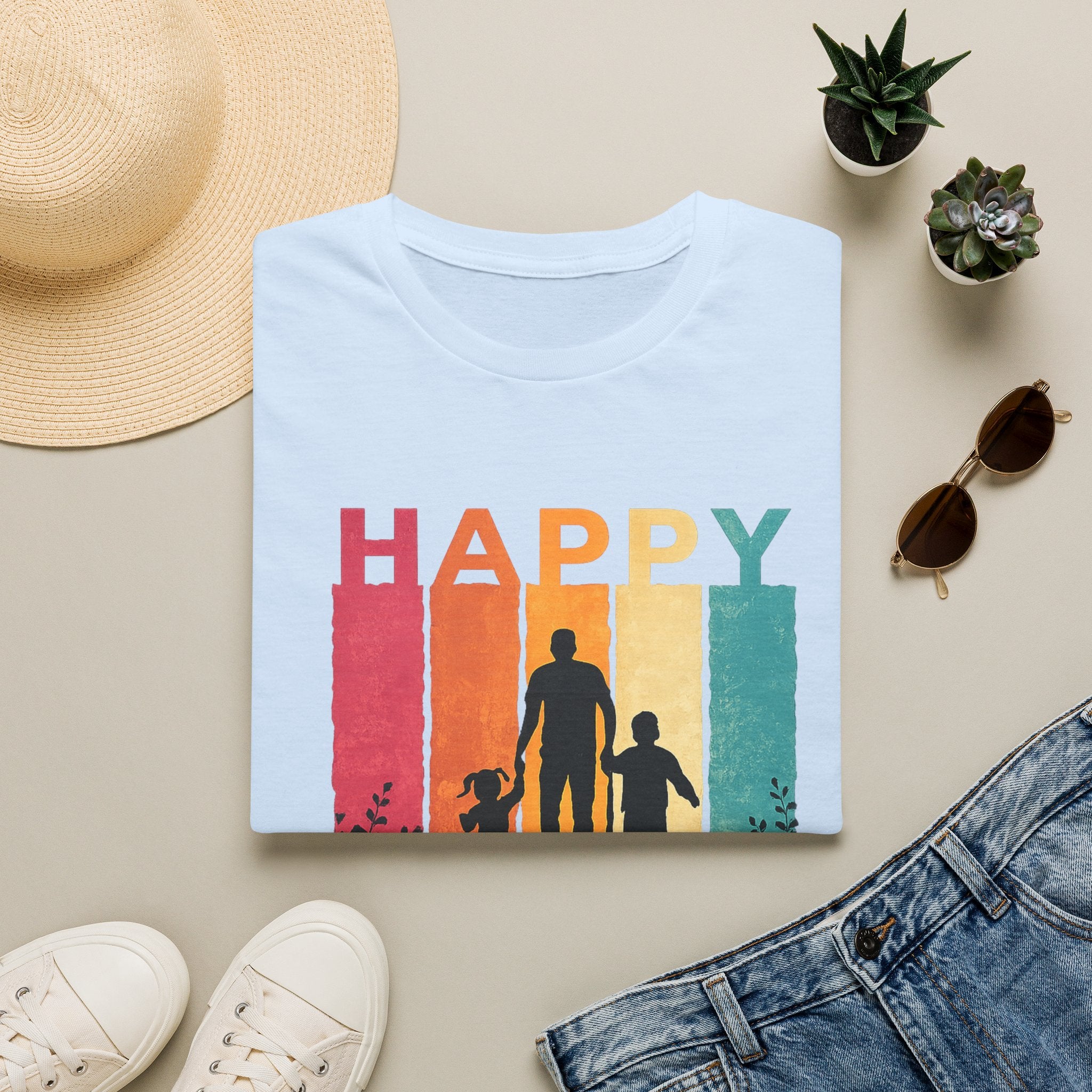 Happy Father's Day T-Shirt — Silhouette Dad with Kids Retro Stripes