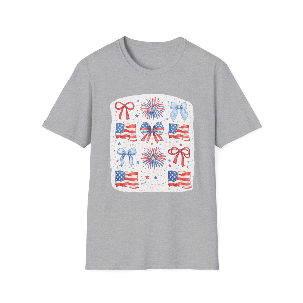 Patriotic 4th of July T-Shirt — USA Flag Bows & Fireworks Design