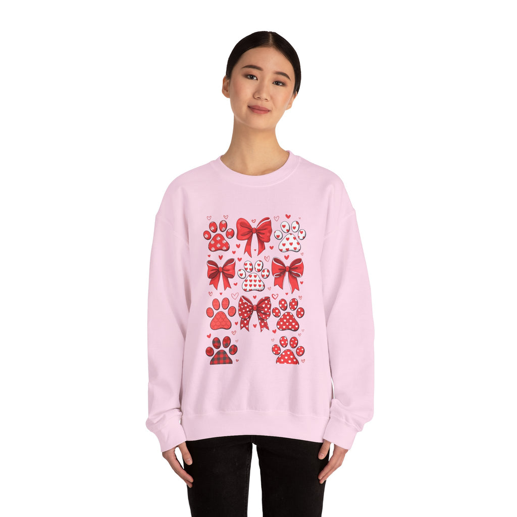 Valentine Paw Print Crewneck Sweatshirt — Red Bows & Hearts Pet Lover Pullover