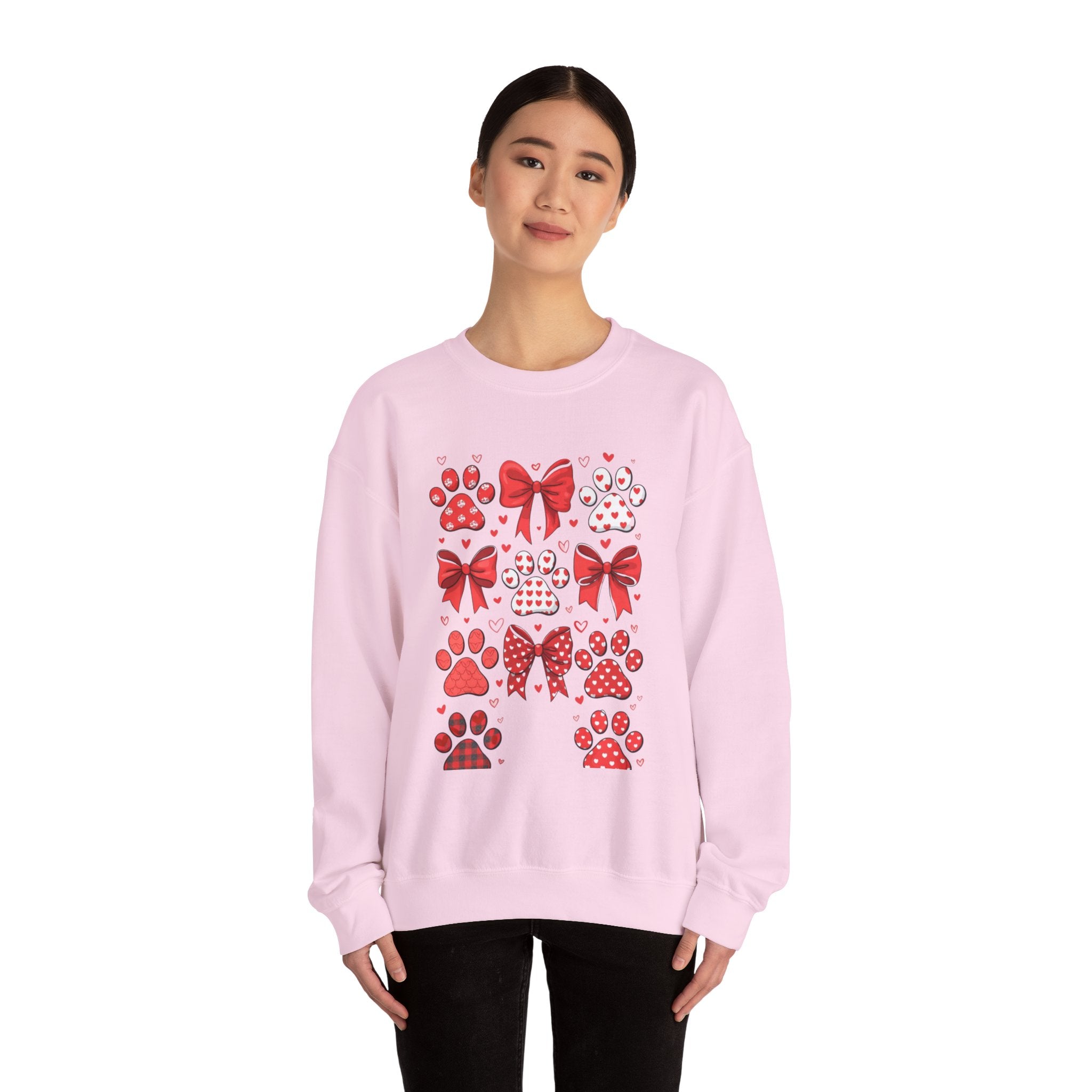 Valentine Paw Print Crewneck Sweatshirt — Red Bows & Hearts Pet Lover Pullover