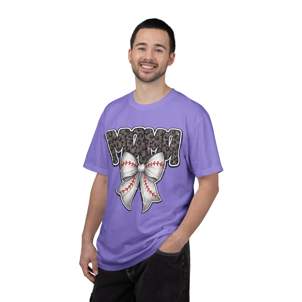 Baseball Mom T-Shirt — Camo Lettering with Baseball Bow