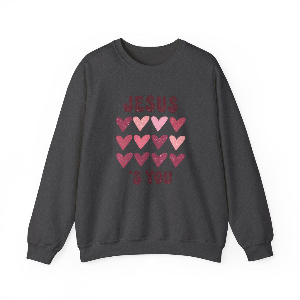 Crewneck Sweatshirt — "Jesus Loves You" Pink Heart Graphic