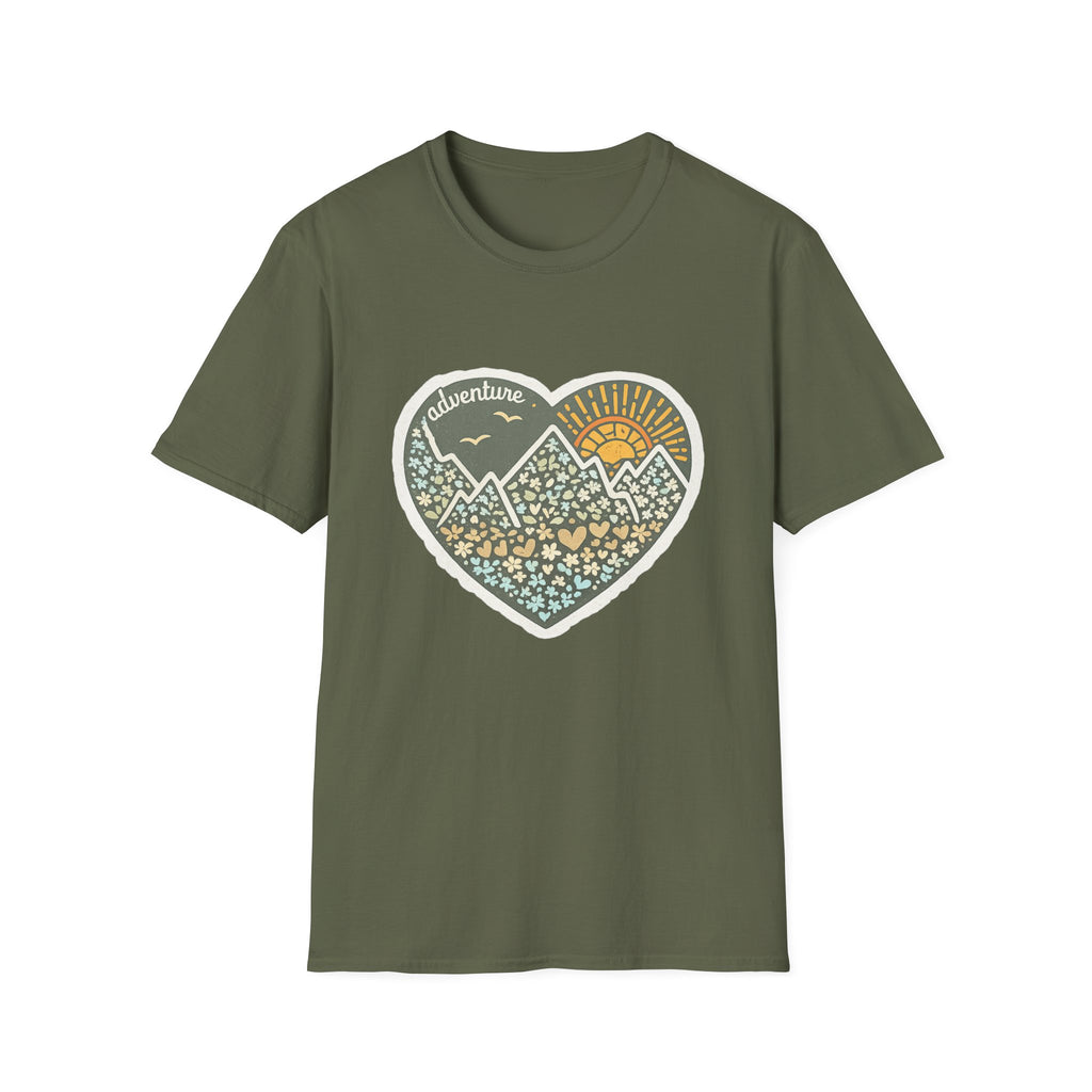 Adventure Heart Mountain T‑Shirt — Sunrise Nature Graphic Tee for Hikers & Outdoor Lovers