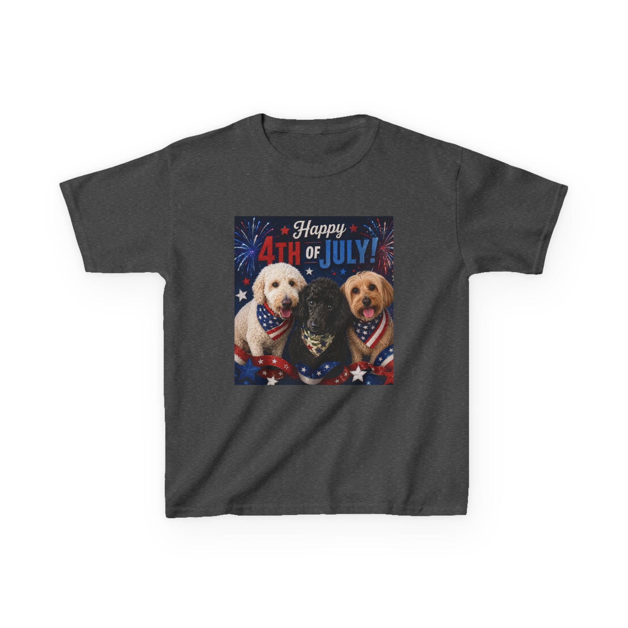 4th of July Kids Tee – Patriotic Dogs "Happy 4th of July"