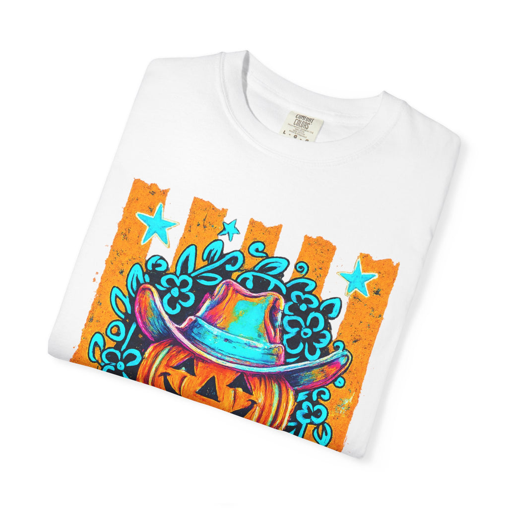 Halloween Pumpkin Cowboy T-Shirt — Neon Country Jack-O'-Lantern Graphic Tee