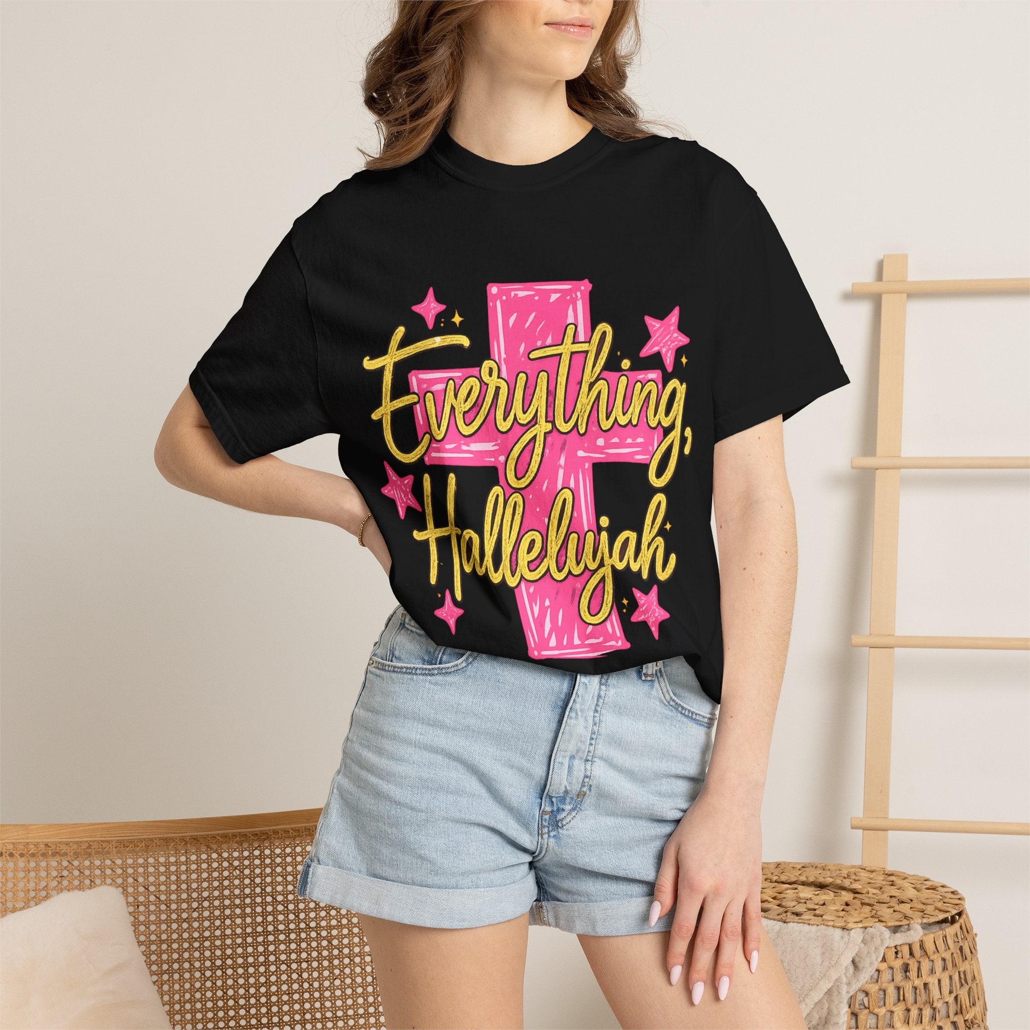 Everything, Hallelujah T-Shirt — Bright Pink Cross & Script Christian Tee
