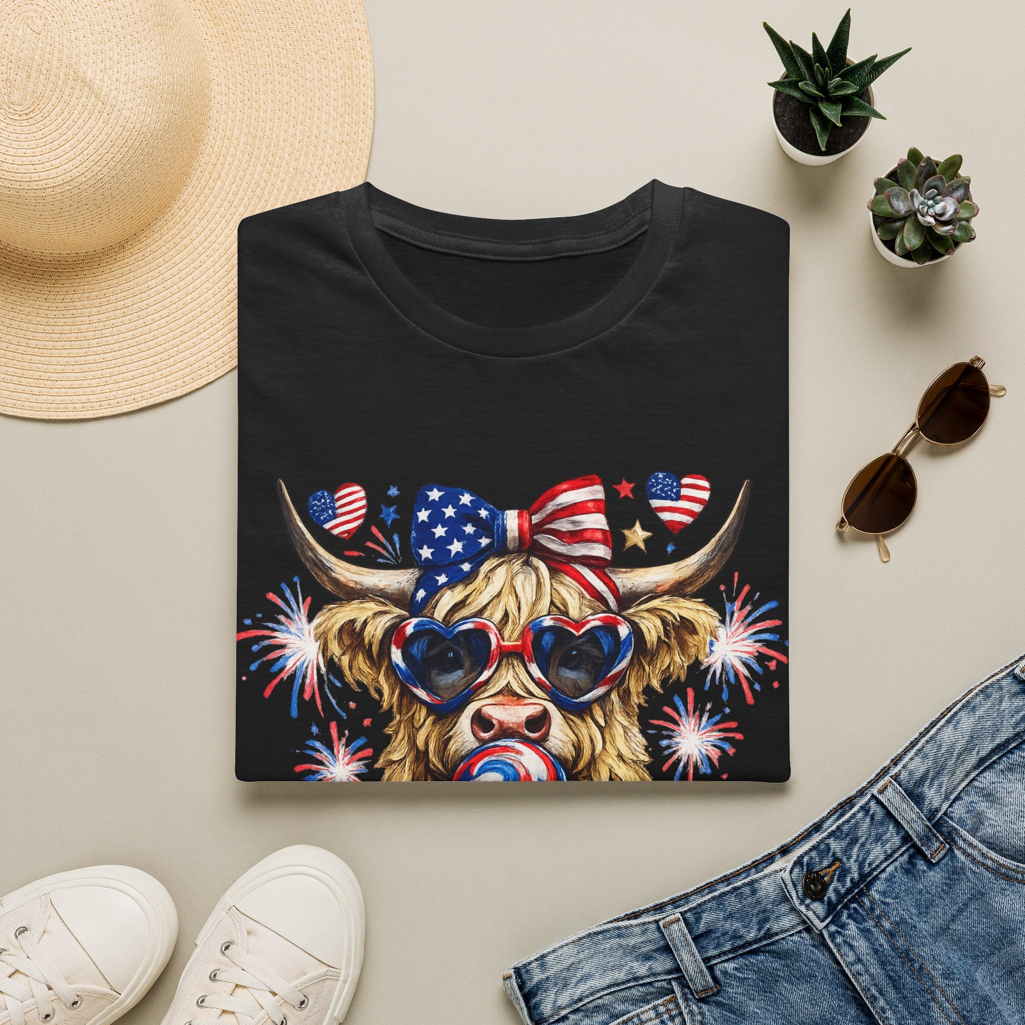 Patriotic Highland Cow T-Shirt — 4th of July American Flag Cow Tee