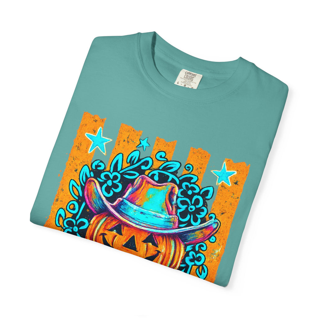 Halloween Pumpkin Cowboy T-Shirt — Neon Country Jack-O'-Lantern Graphic Tee