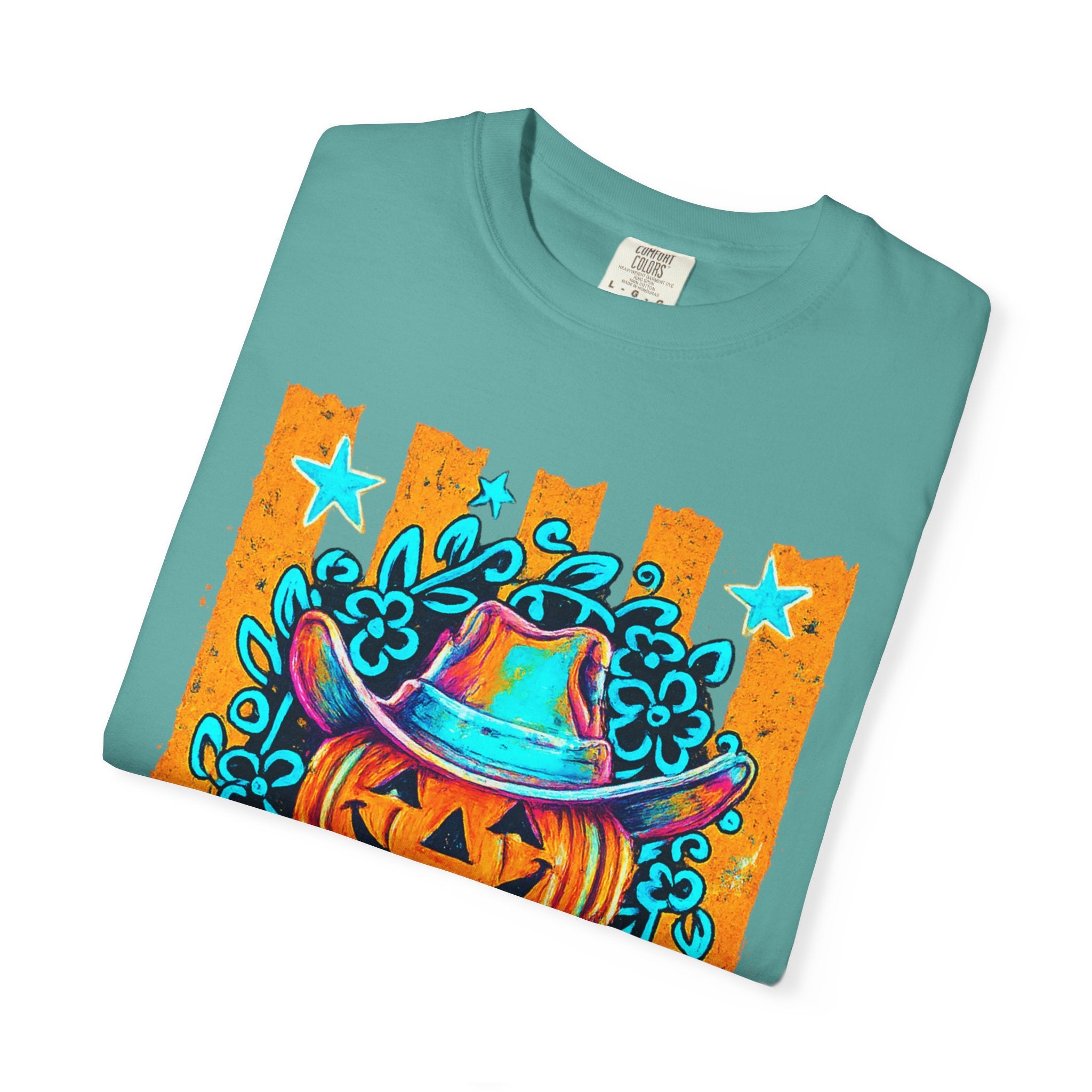 Halloween Pumpkin Cowboy T-Shirt — Neon Country Jack-O'-Lantern Graphic Tee