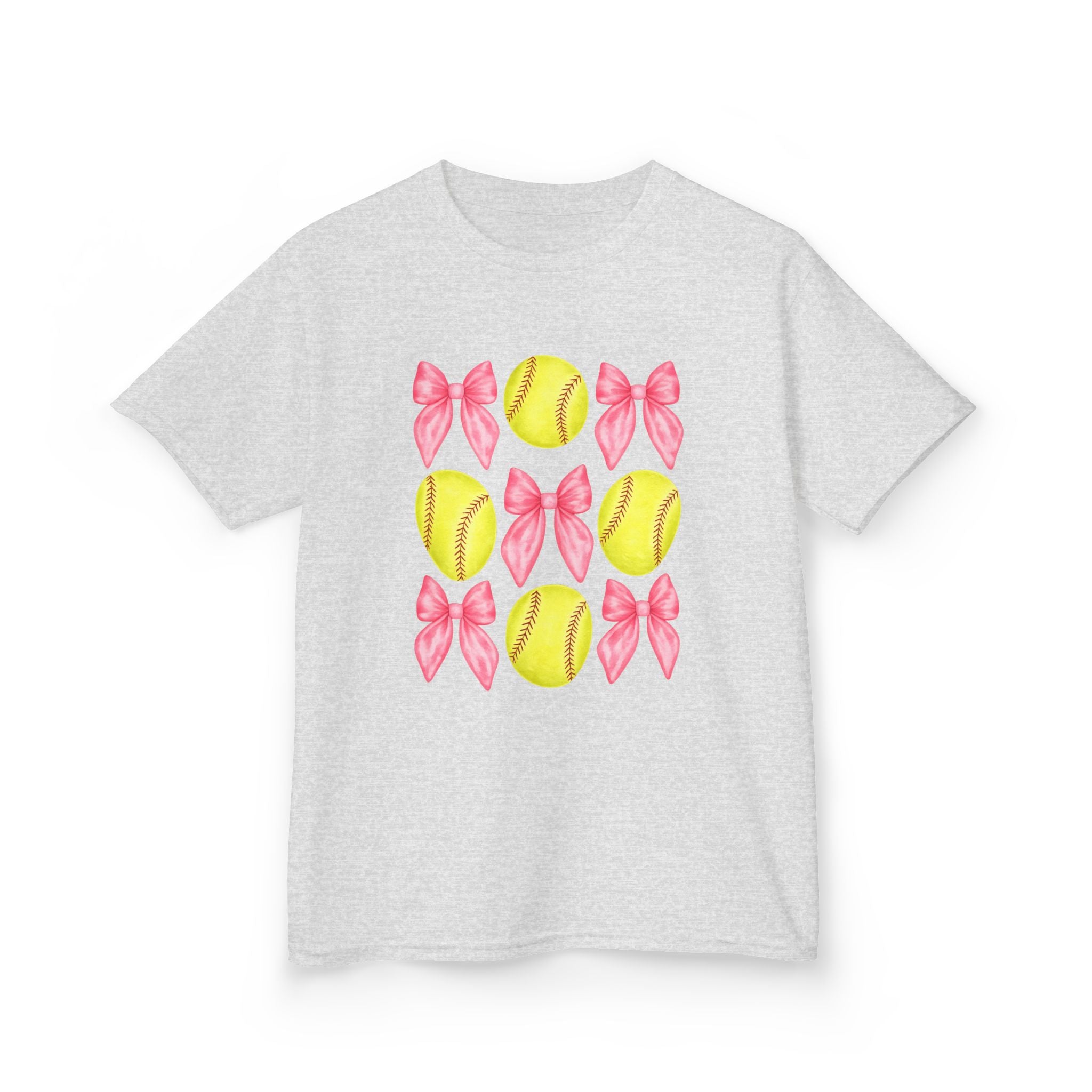 Girls Softball & Bows Kids Tee — Pink Bow Softball Pattern Shirt