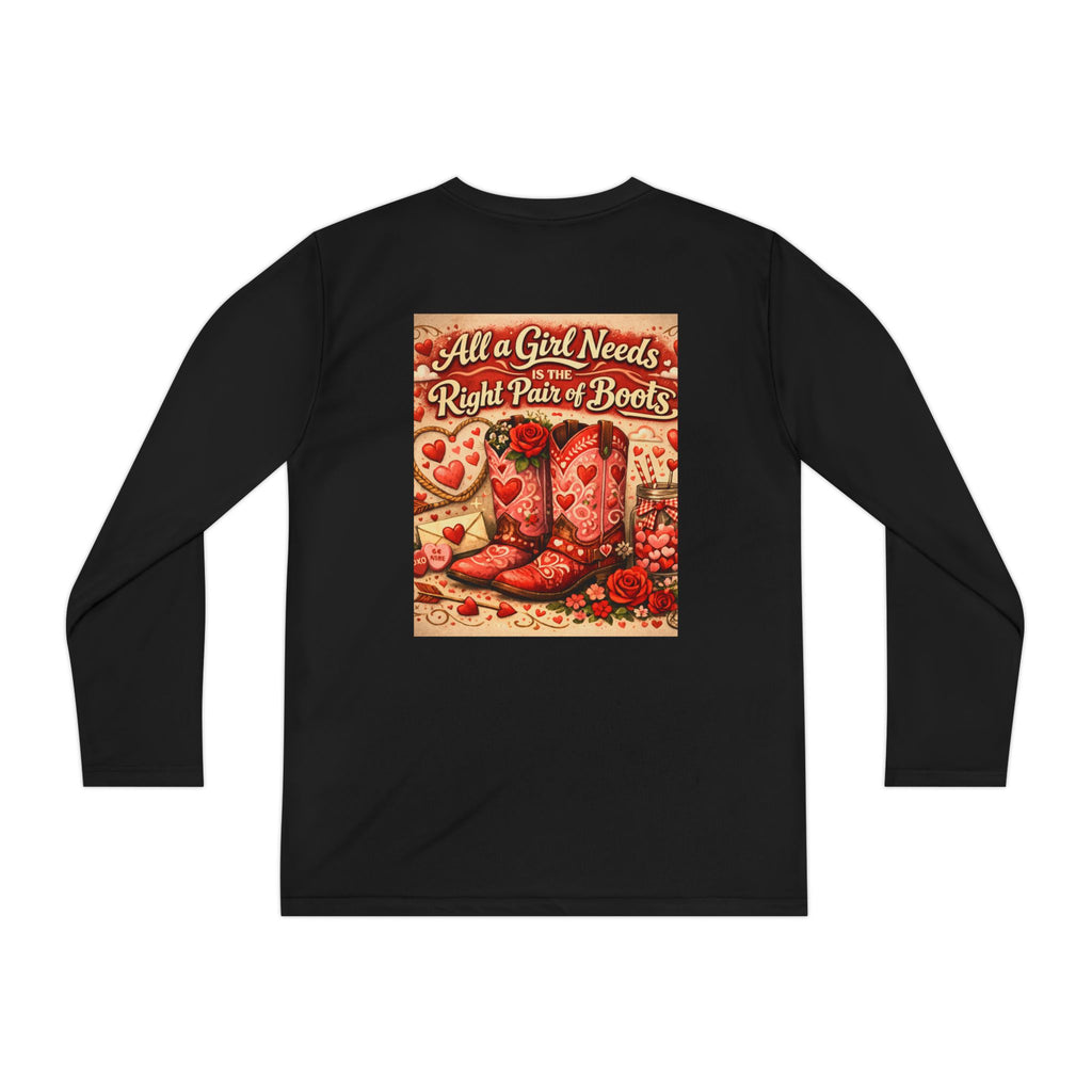 Youth Long Sleeve Tee — “All a Girl Needs is a Right Pair of Boots” Cowboy Boots Graphic