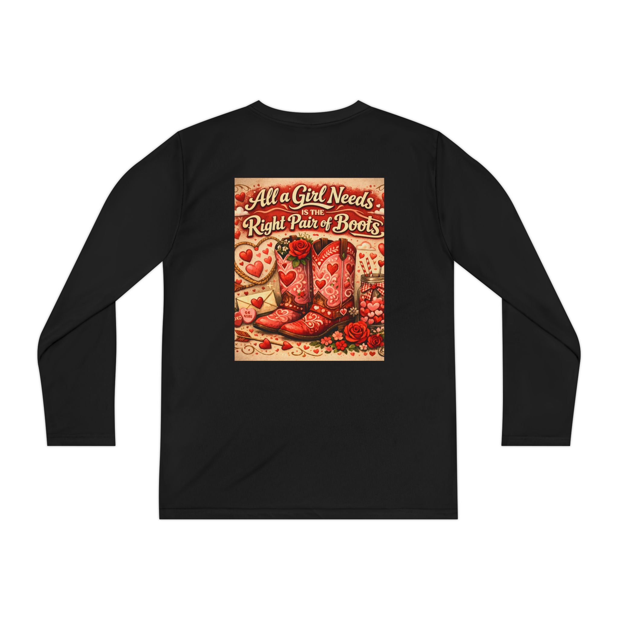 Youth Long Sleeve Tee — “All a Girl Needs is a Right Pair of Boots” Cowboy Boots Graphic