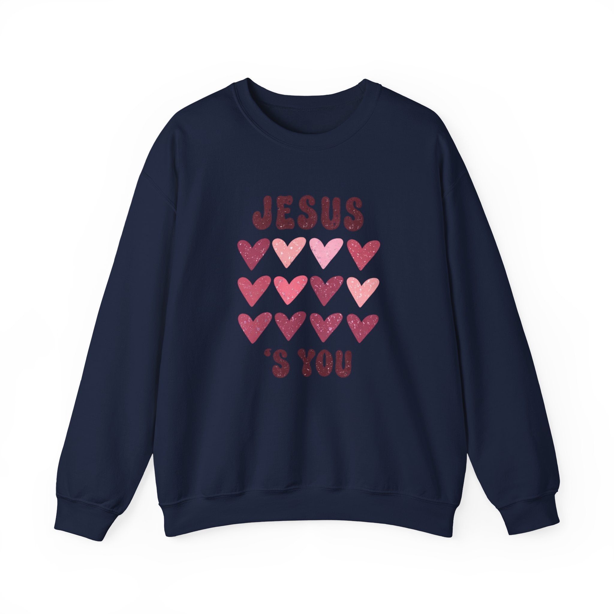 Crewneck Sweatshirt — "Jesus Loves You" Pink Heart Graphic