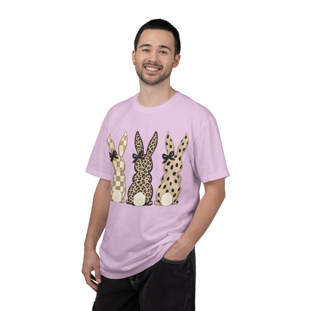 Easter Bunny Trio T-Shirt — Neutral Plaid, Leopard & Polka Dot Bunnies