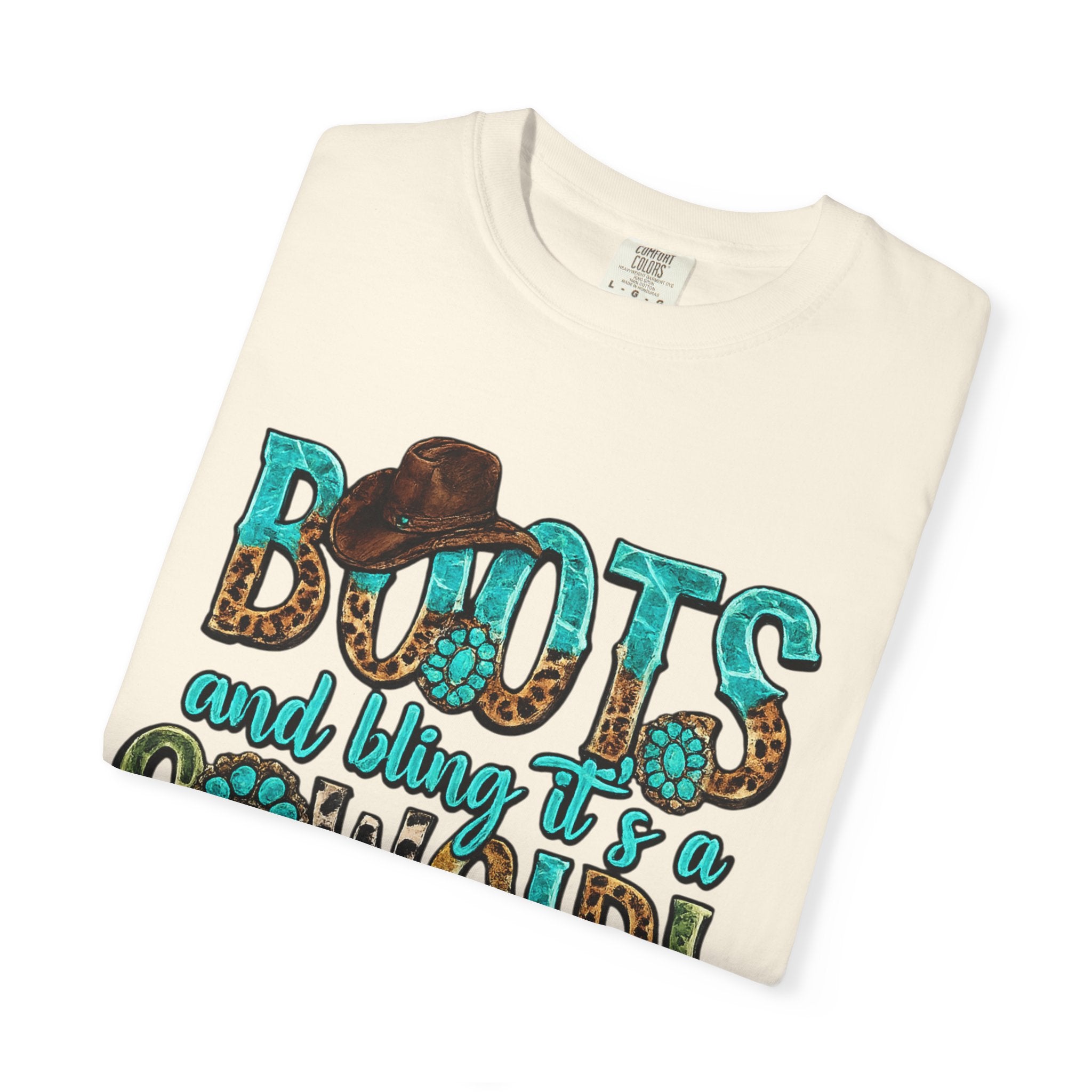 Cowgirl Boots Graphic T-Shirt — "Boots and Bling It's a Cowgirl Thing"