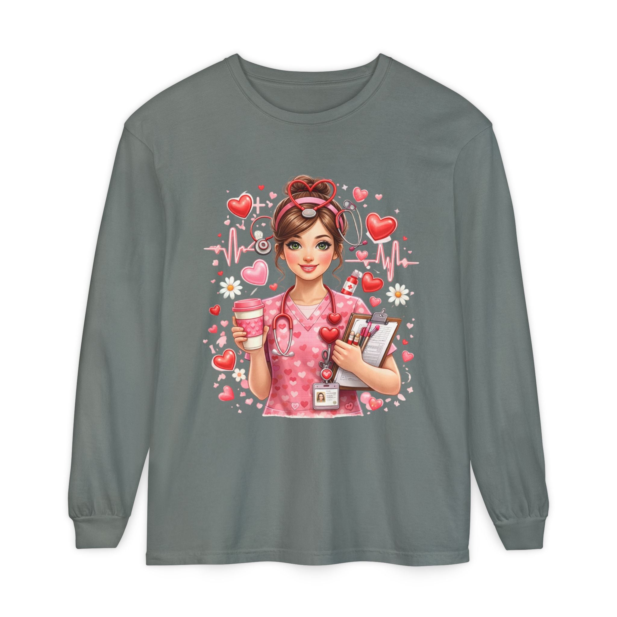 Nurse Love Long Sleeve T-Shirt — Cute Heartbeat Healthcare Graphic