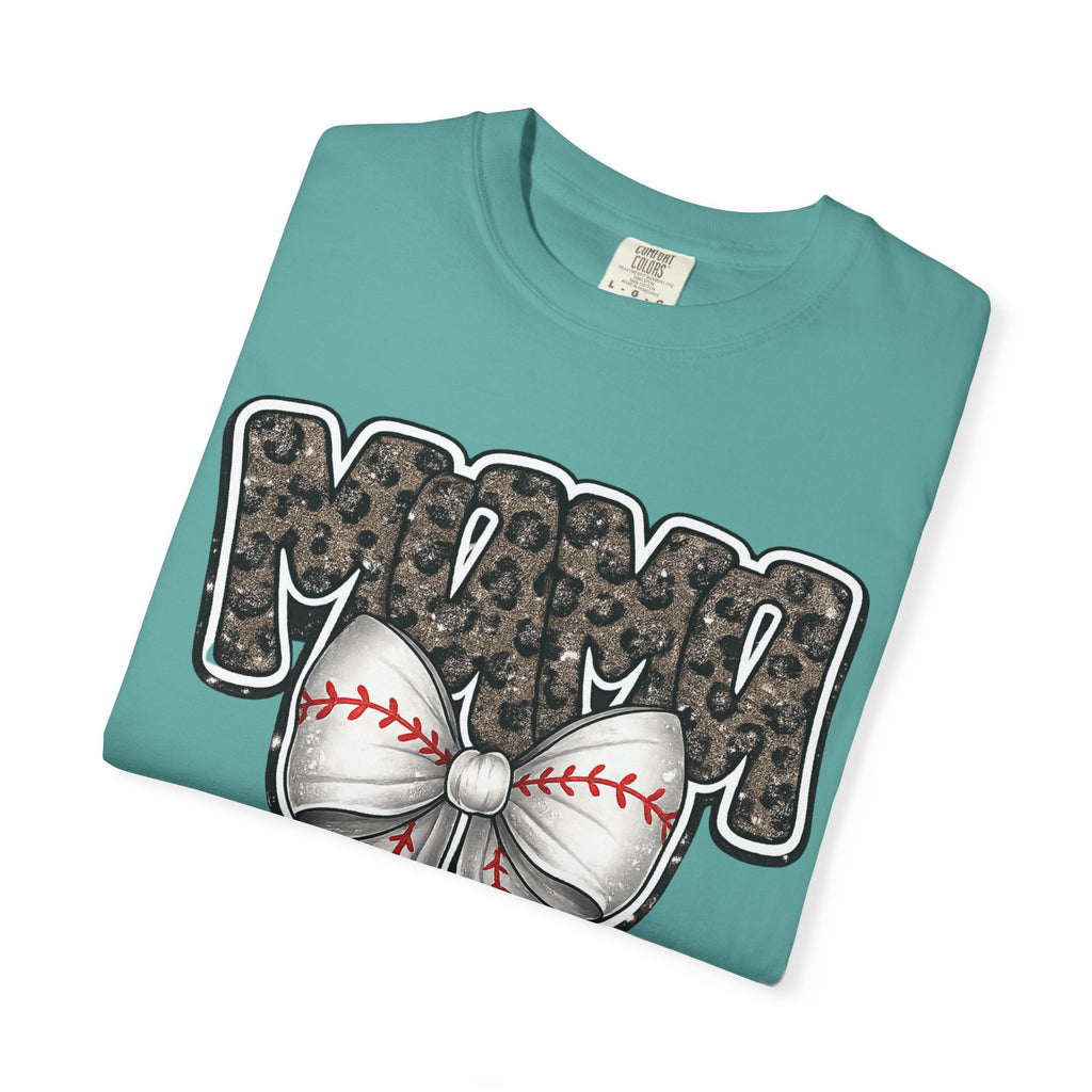 Baseball Mom T-Shirt — Camo Lettering with Baseball Bow