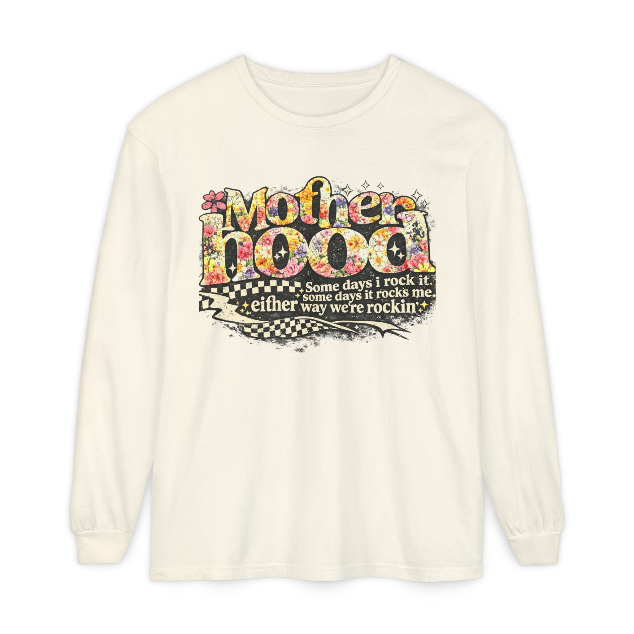 Motherhood Graphic Long Sleeve Tee — "Mother Doodle: Some days I rock it"
