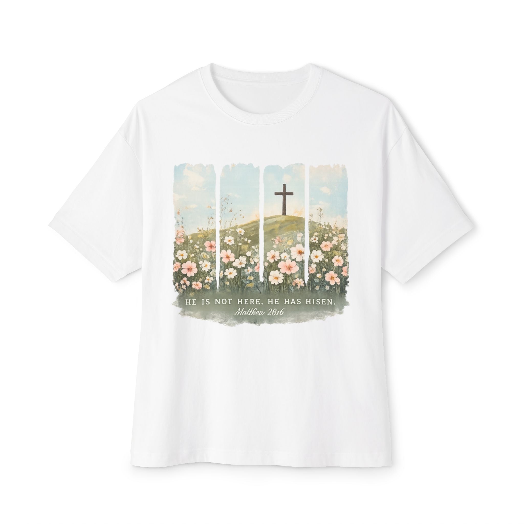 Easter Cross Tee — “He Is Not Here, He Has Risen” Floral Graphic Shirt