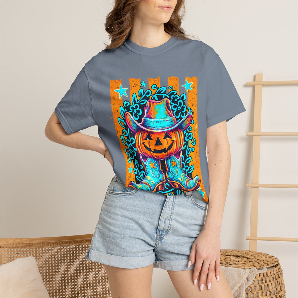 Halloween Pumpkin Cowboy T-Shirt — Neon Country Jack-O'-Lantern Graphic Tee
