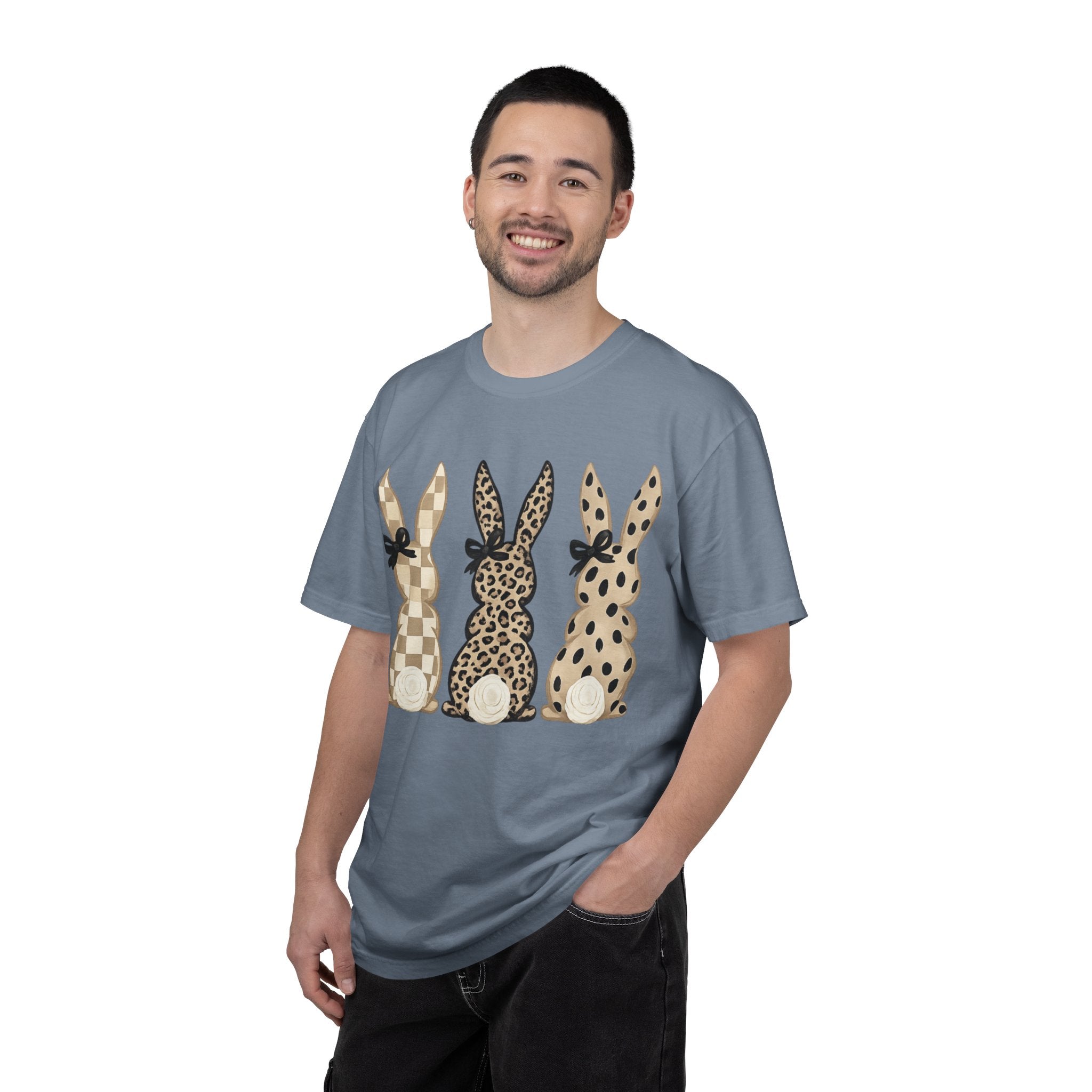 Easter Bunny Trio T-Shirt — Neutral Plaid, Leopard & Polka Dot Bunnies