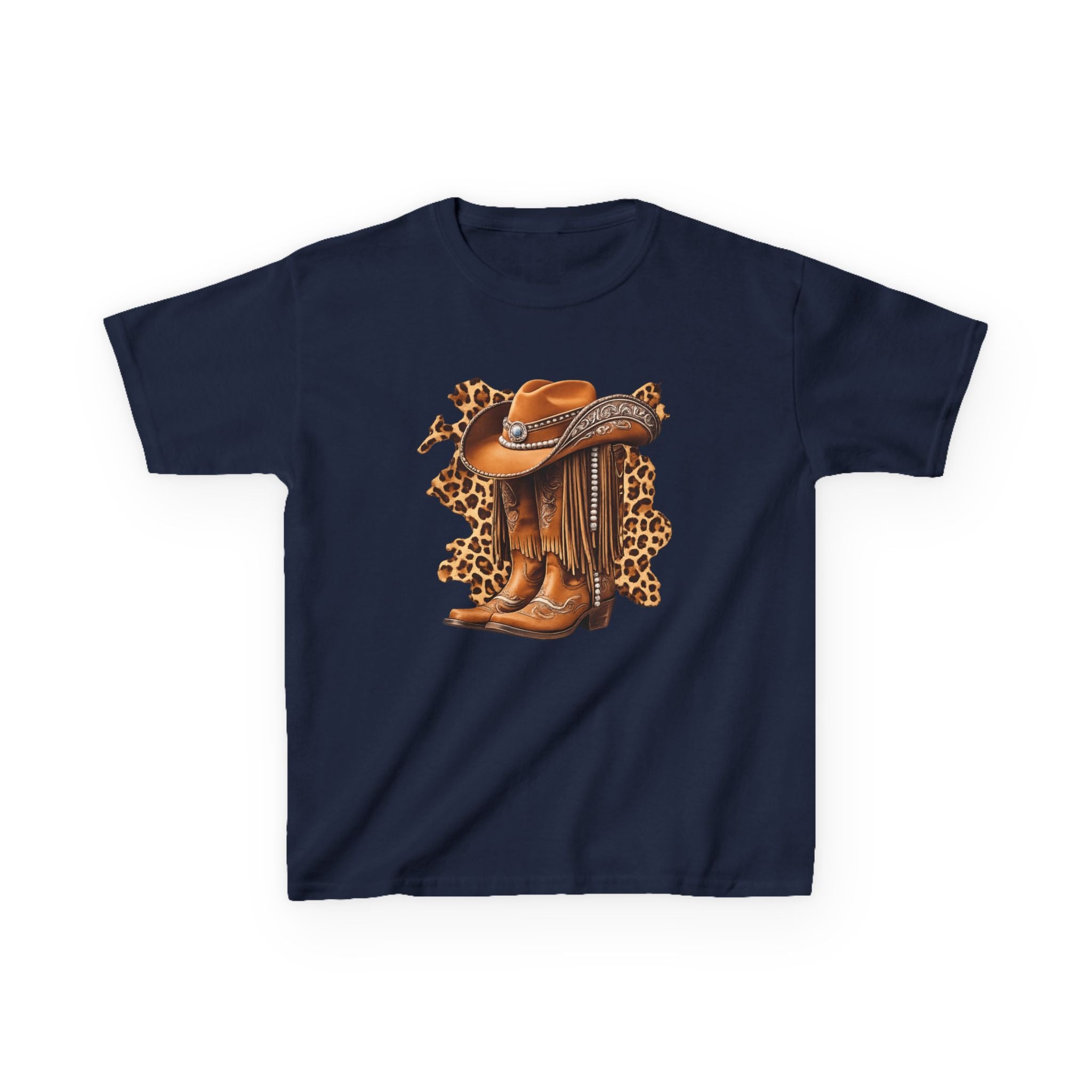Kids Cowboy Hat & Boots Tee — Leopard Print Western Kids T-Shirt