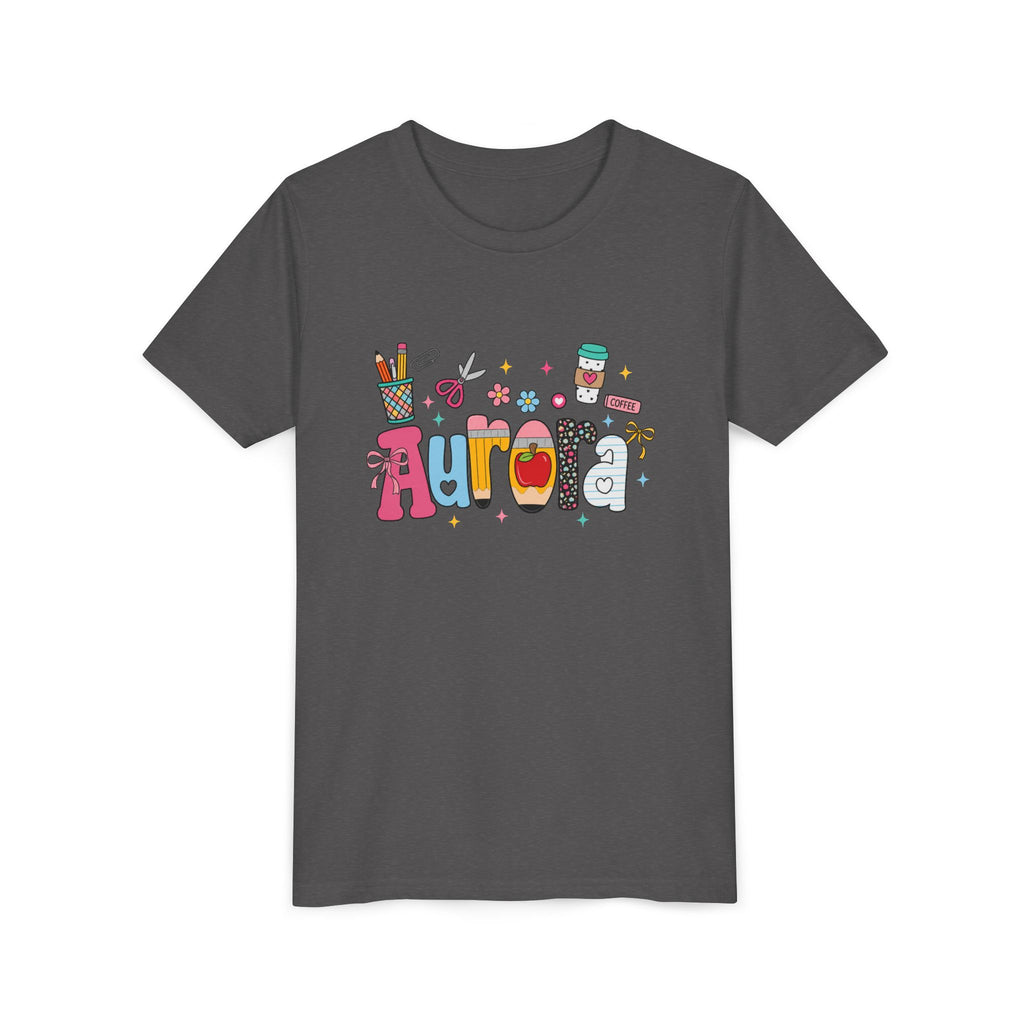 Aurora Kids' Name Tee — Colorful School Supplies Graphic Youth T-Shirt