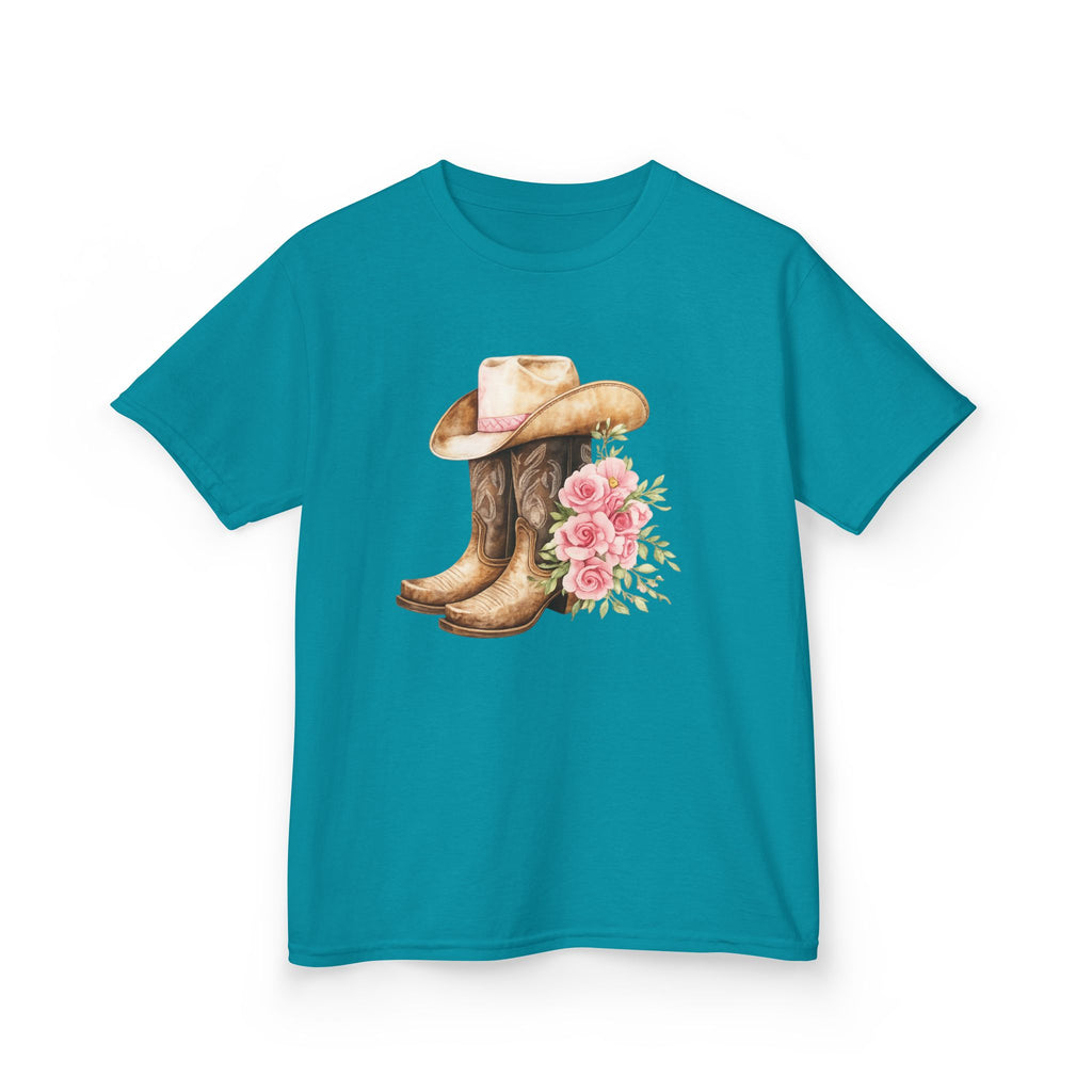 Kids Western Tee — Cowboy Hat & Boots with Pink Floral Design