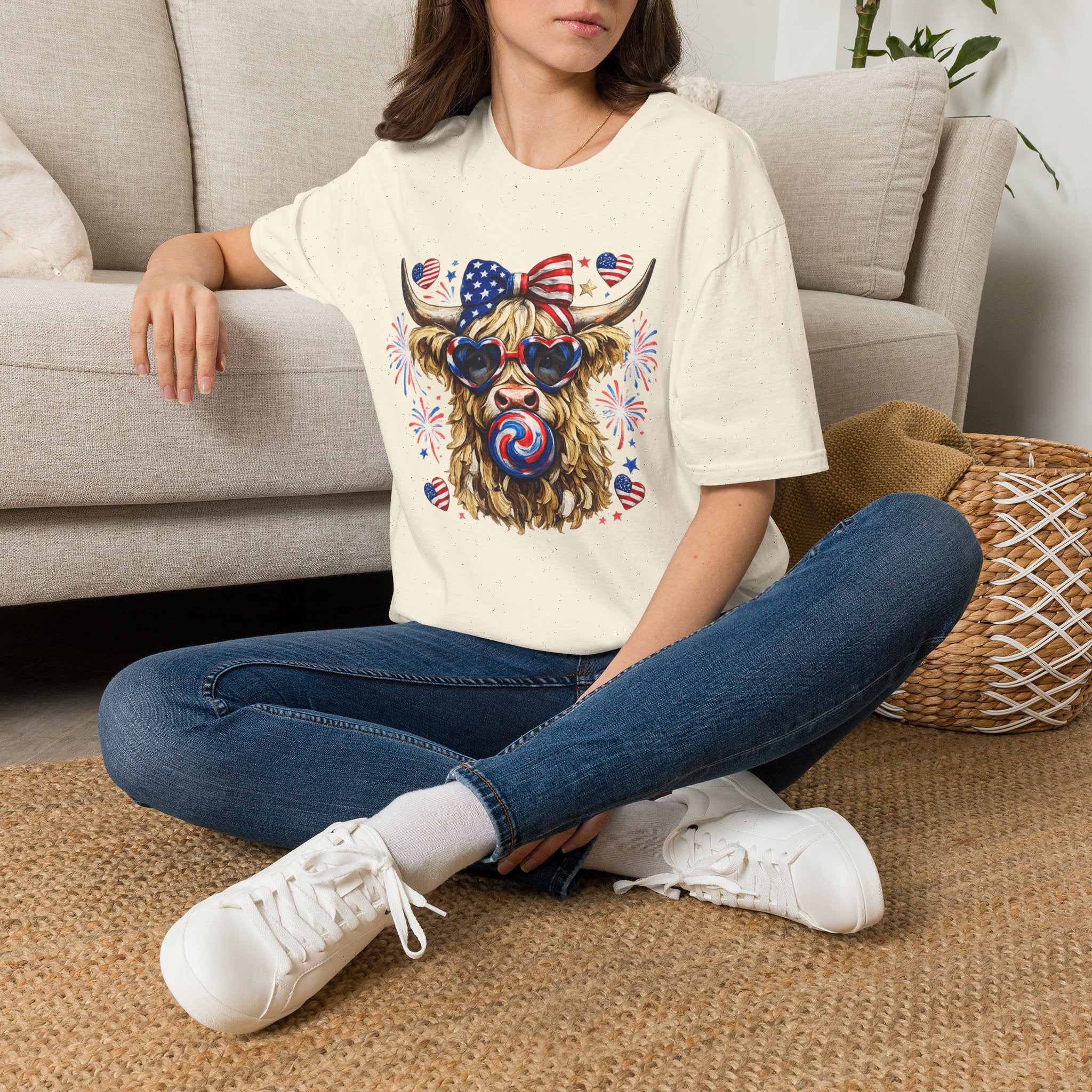 Patriotic Highland Cow T-Shirt — 4th of July American Flag Cow Tee