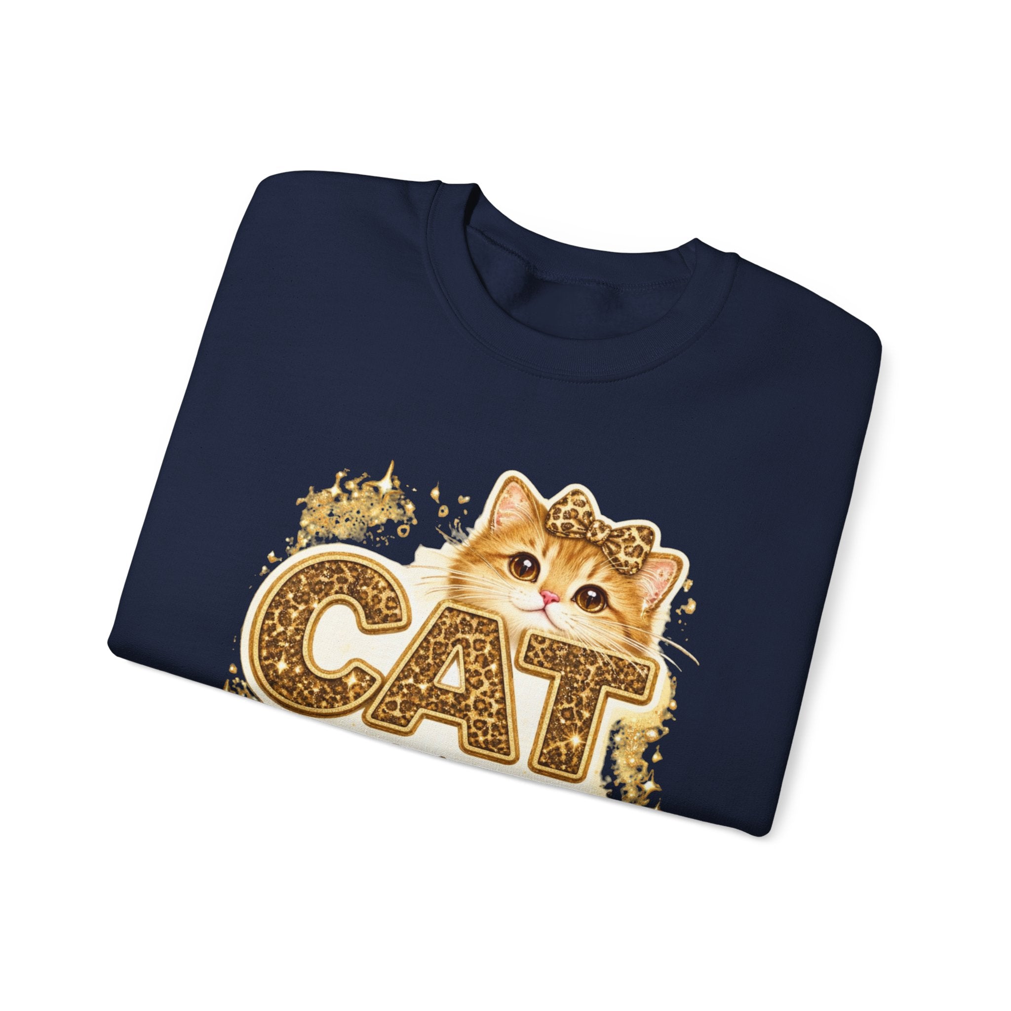 Cat Mama Crewneck Sweatshirt – Cute Gold Glitter Cat Graphic