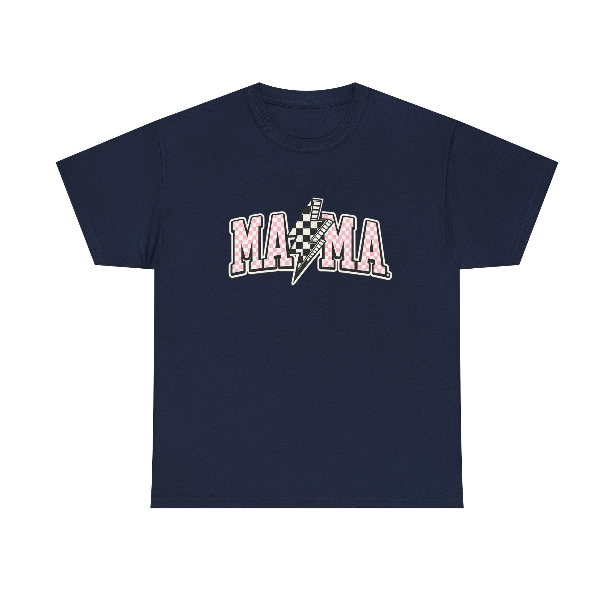 Mama Lightning Bolt Graphic Tee — Pink Checkered "MAMA" Shirt