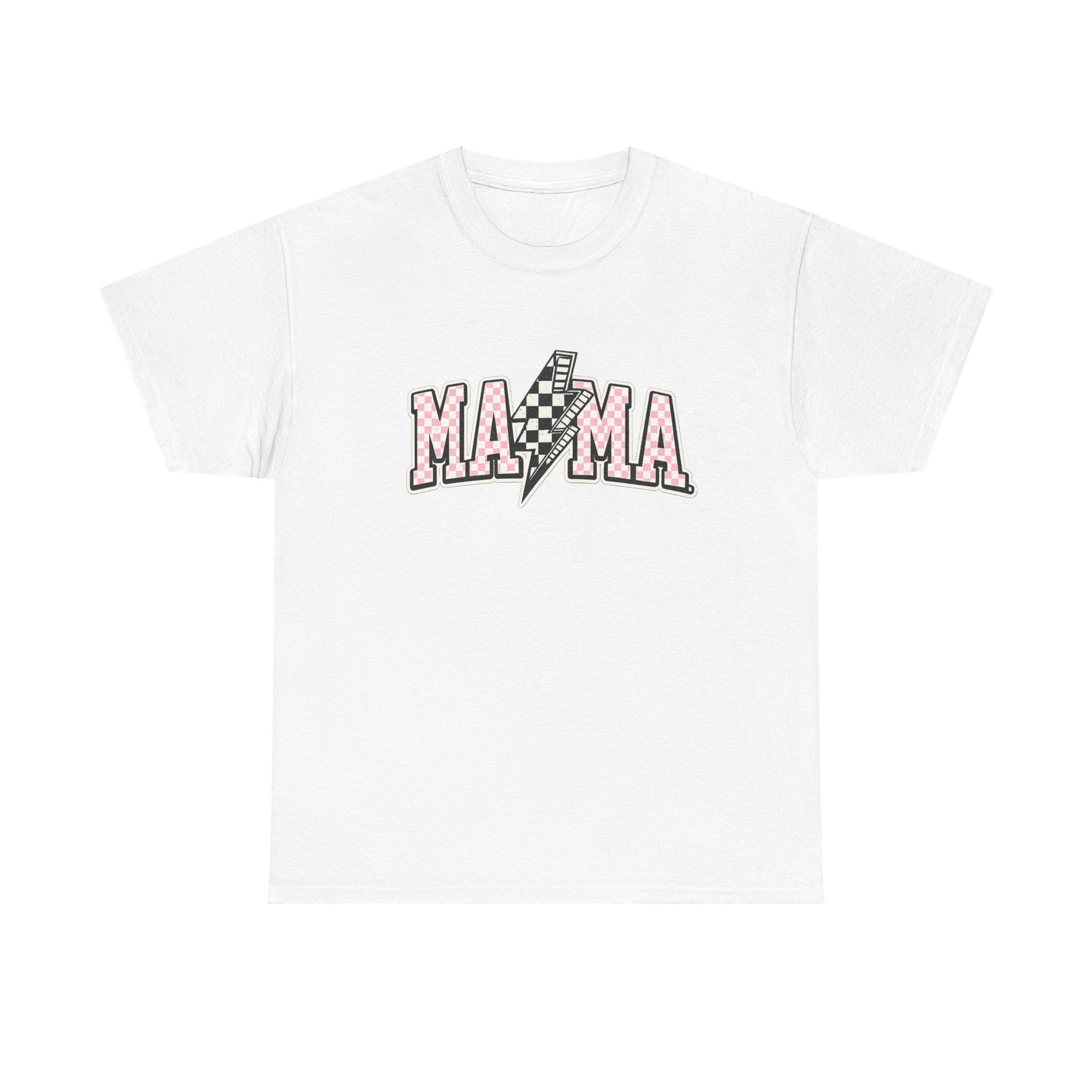 Mama Lightning Bolt Graphic Tee — Pink Checkered "MAMA" Shirt