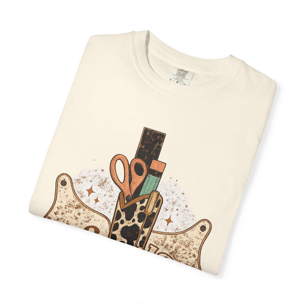 Teacher Cowgirl Boot T-Shirt – ABC 123 Classroom Scissors Design