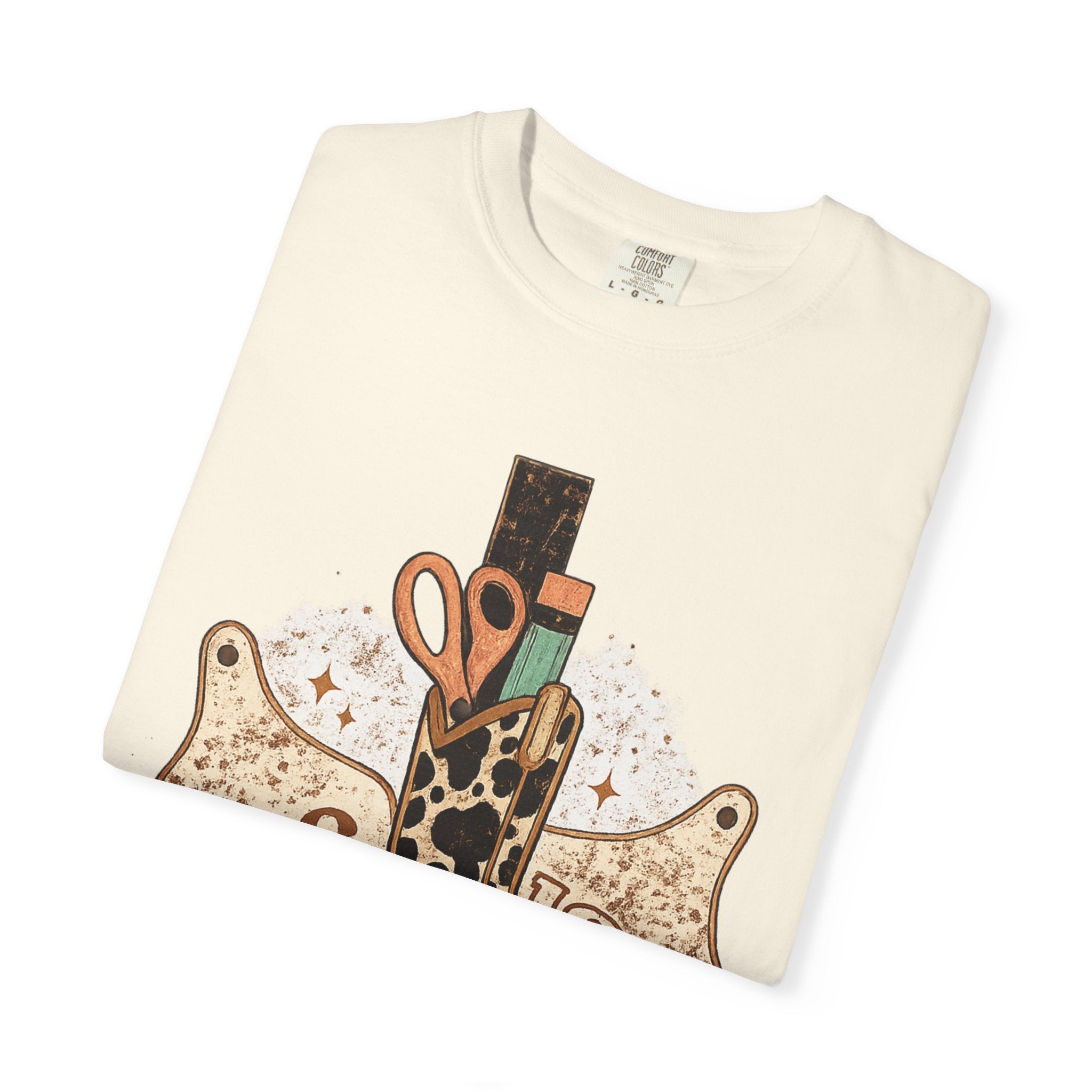 Teacher Cowgirl Boot T-Shirt – ABC 123 Classroom Scissors Design