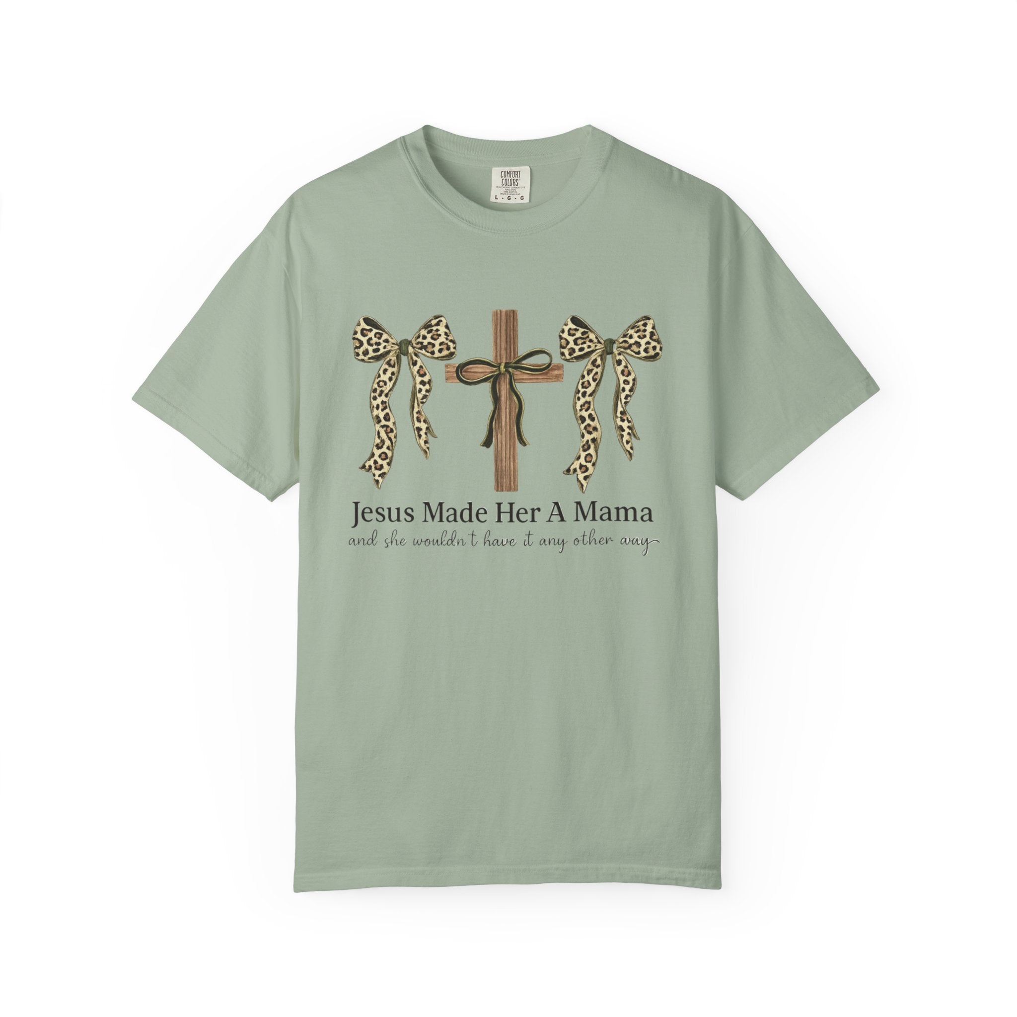 Jesus Made Her a Mama Cross T‑Shirt — Leopard Bow Christian Mother's Day Tee