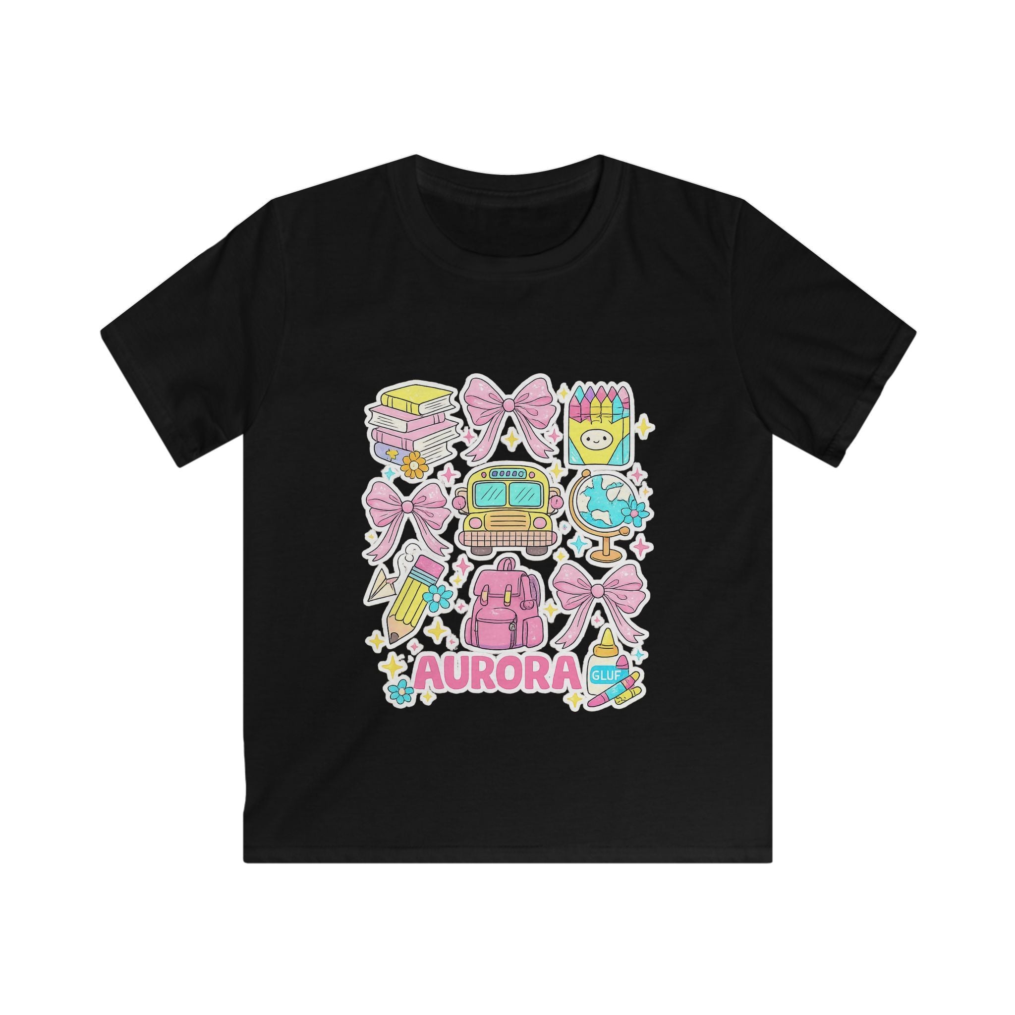 Kids Tee — Cute Pastel School Icons Design with Name "Aurora"